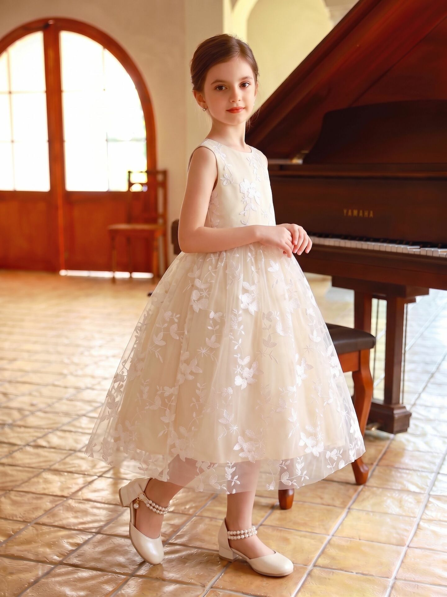 Nancy Champagne Botanical Lace Sleeveless Flower Girl Dress | Lucys