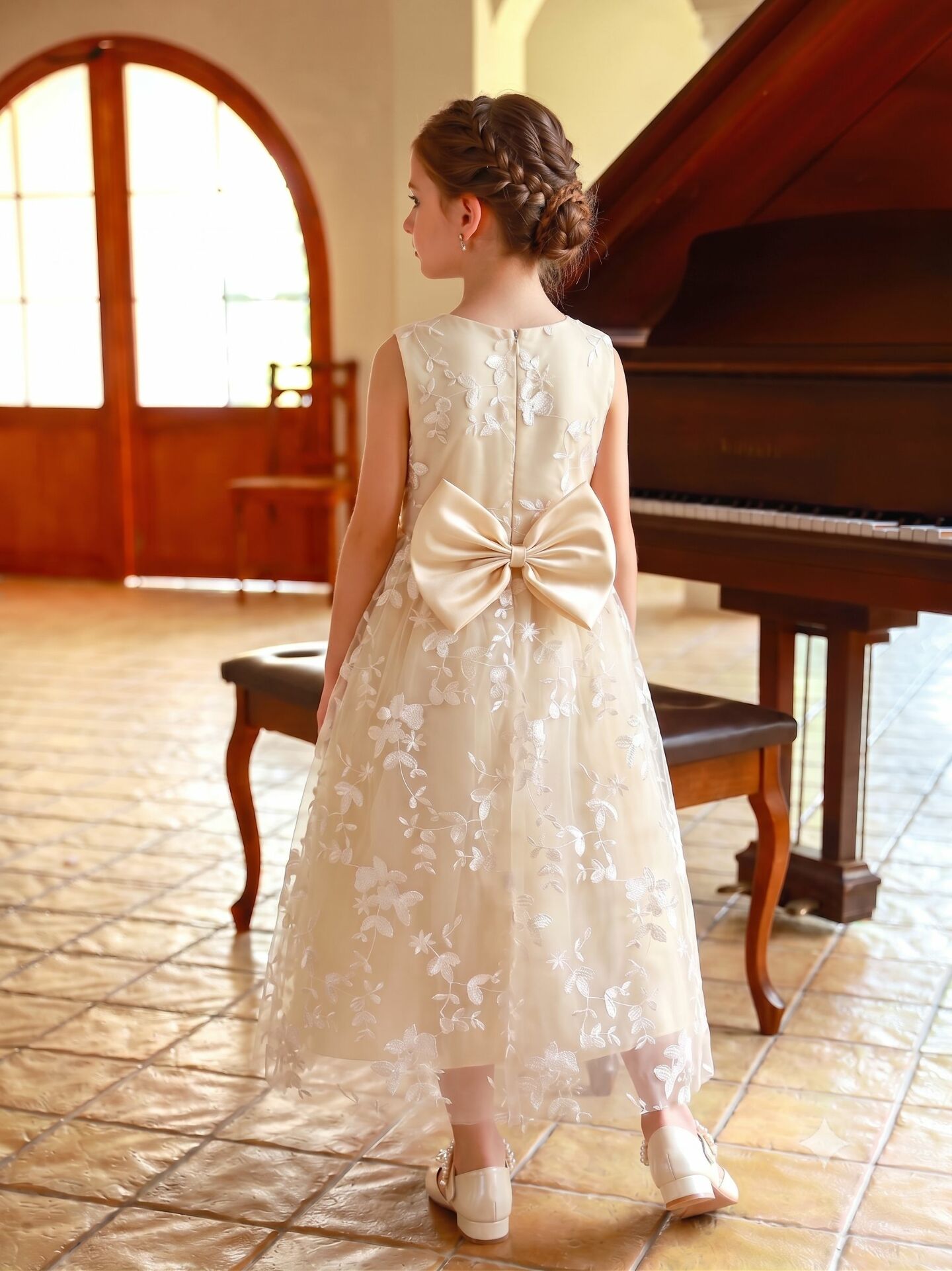 Nancy Champagne Botanical Lace Sleeveless Flower Girl Dress | Lucys