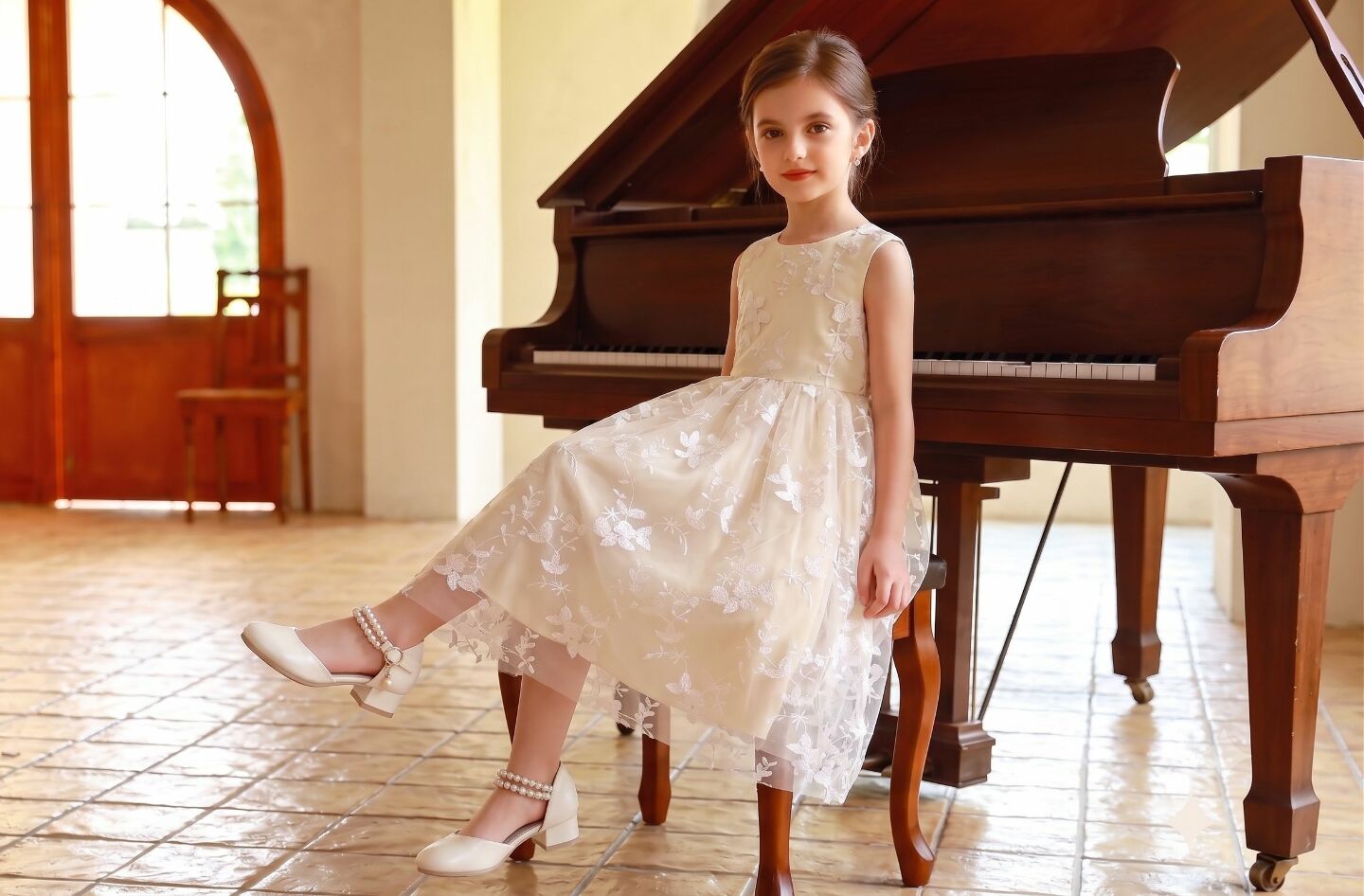 Nancy Champagne Botanical Lace Sleeveless Flower Girl Dress | Lucys