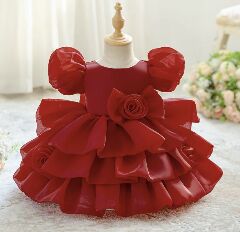 Joey Maroon Puff Sleeve Rose Tiered Special Occasion Dress | Lucys