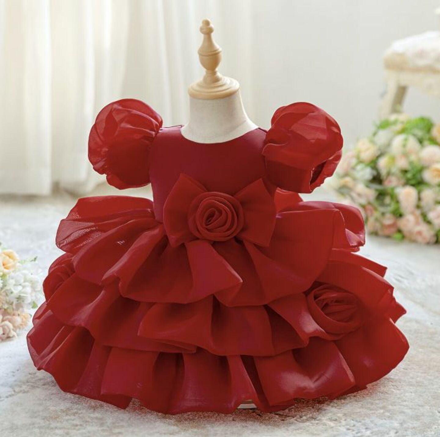 Joey Maroon Puff Sleeve Rose Tiered Special Occasion Dress | Lucys