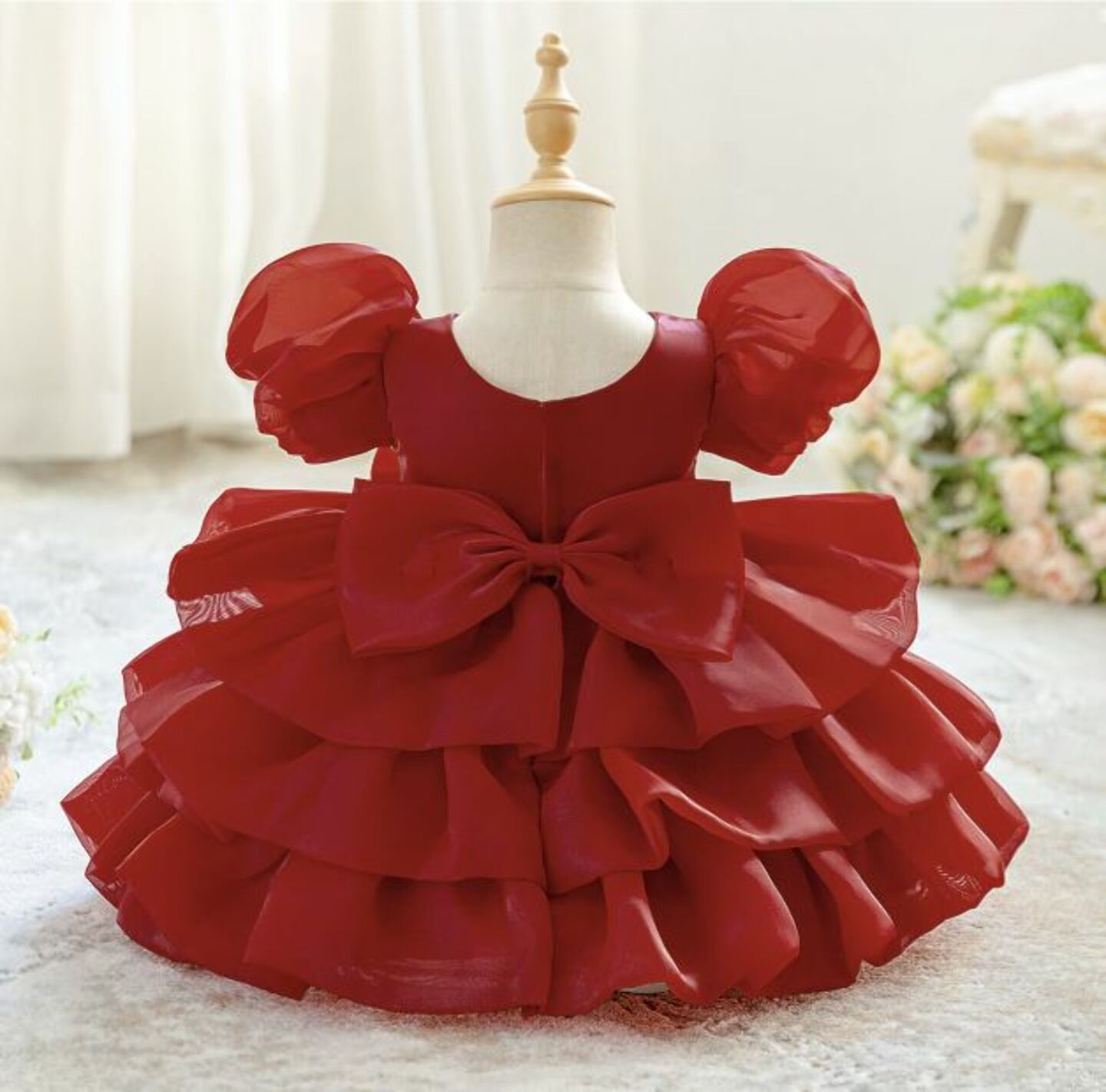 Joey Maroon Puff Sleeve Rose Tiered Special Occasion Dress | Lucys