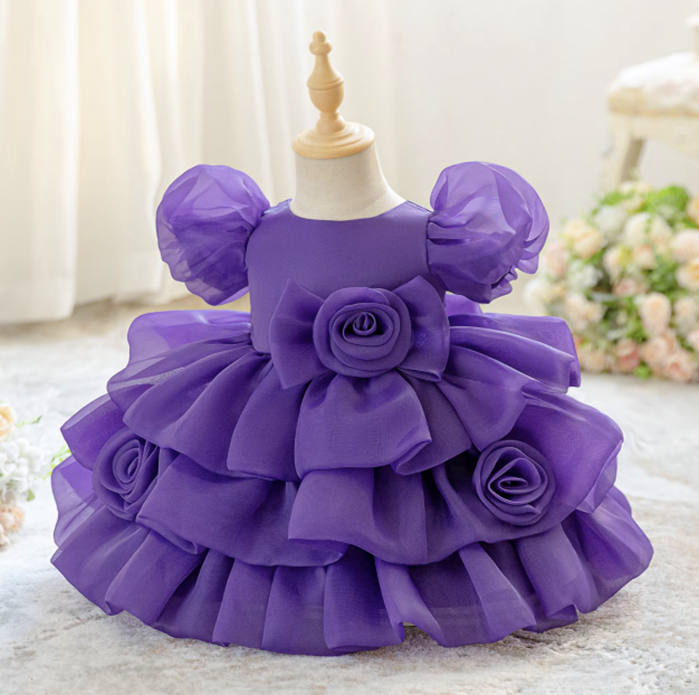 Joey Purple Puff Sleeve Rose Tiered Special Occasion Dress | Lucys