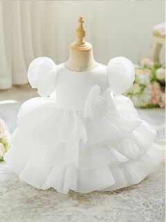 Joey White Puff Sleeve Rose Tiered Christening Dress | Lucys