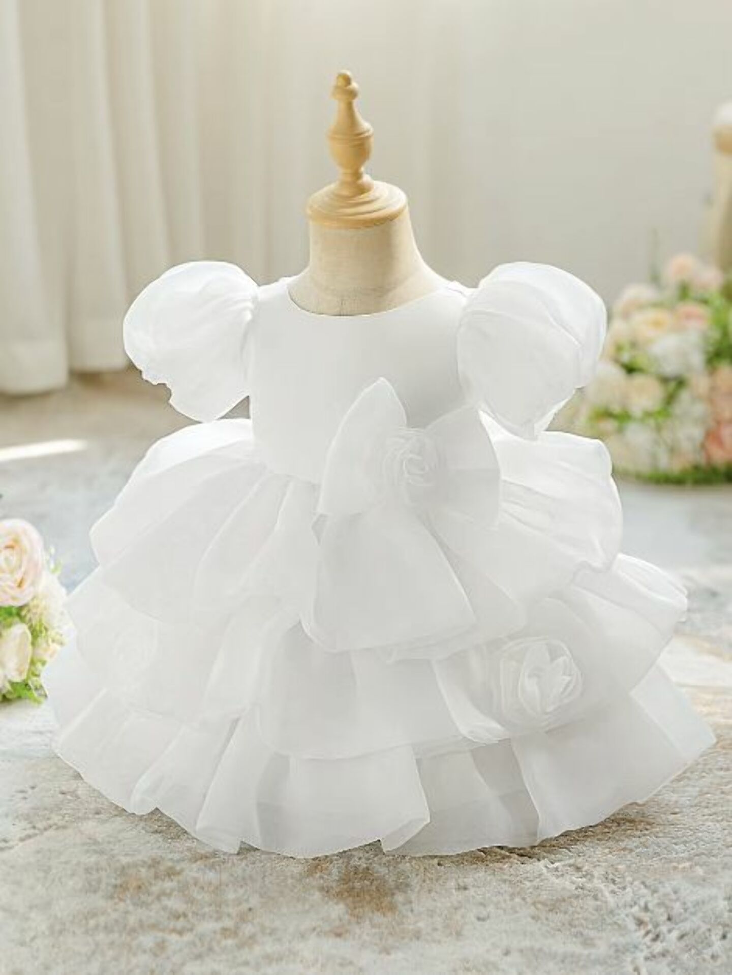 Joey White Puff Sleeve Rose Tiered Christening Dress | Lucys