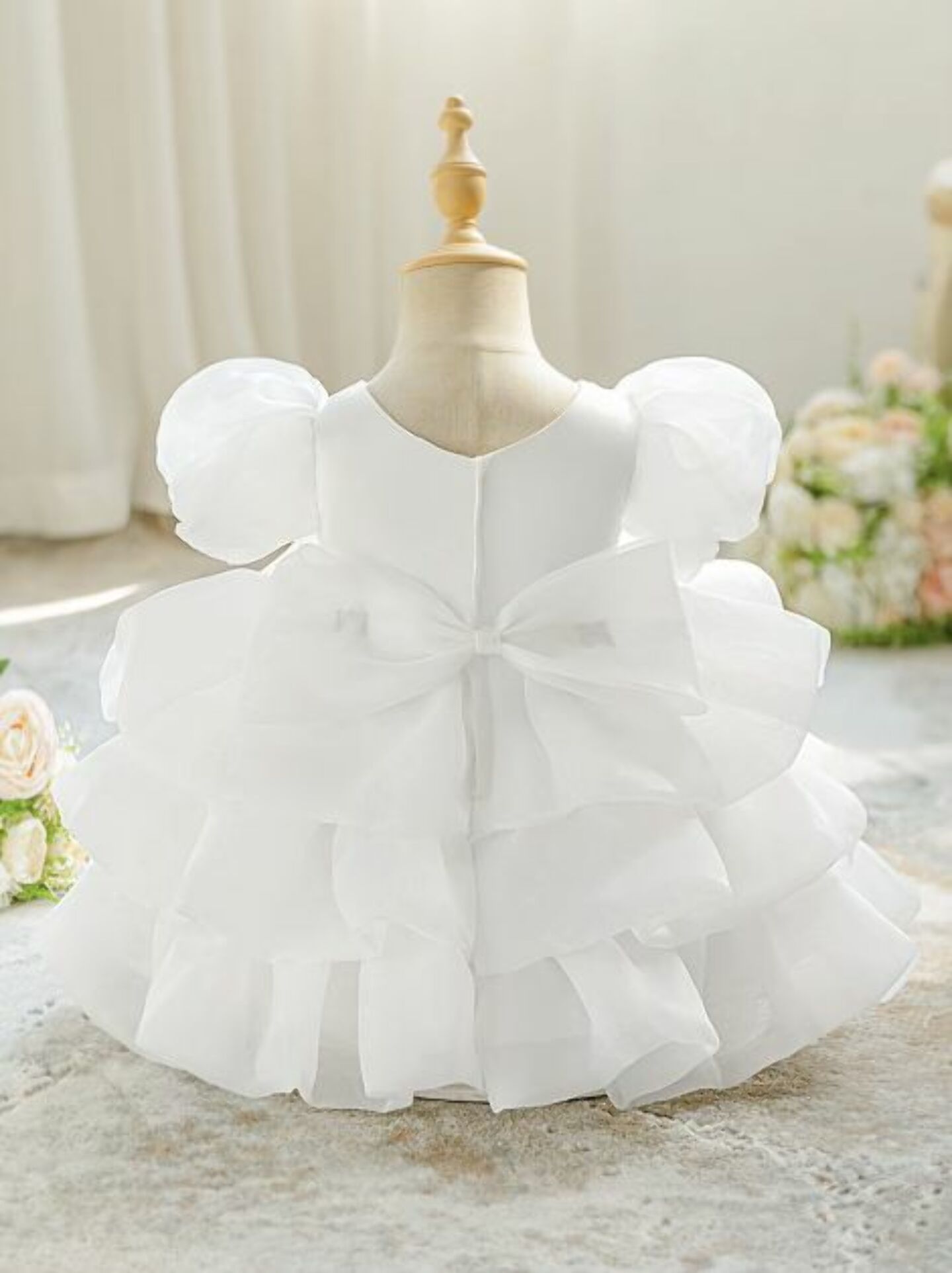 Joey White Puff Sleeve Rose Tiered Christening Dress | Lucys