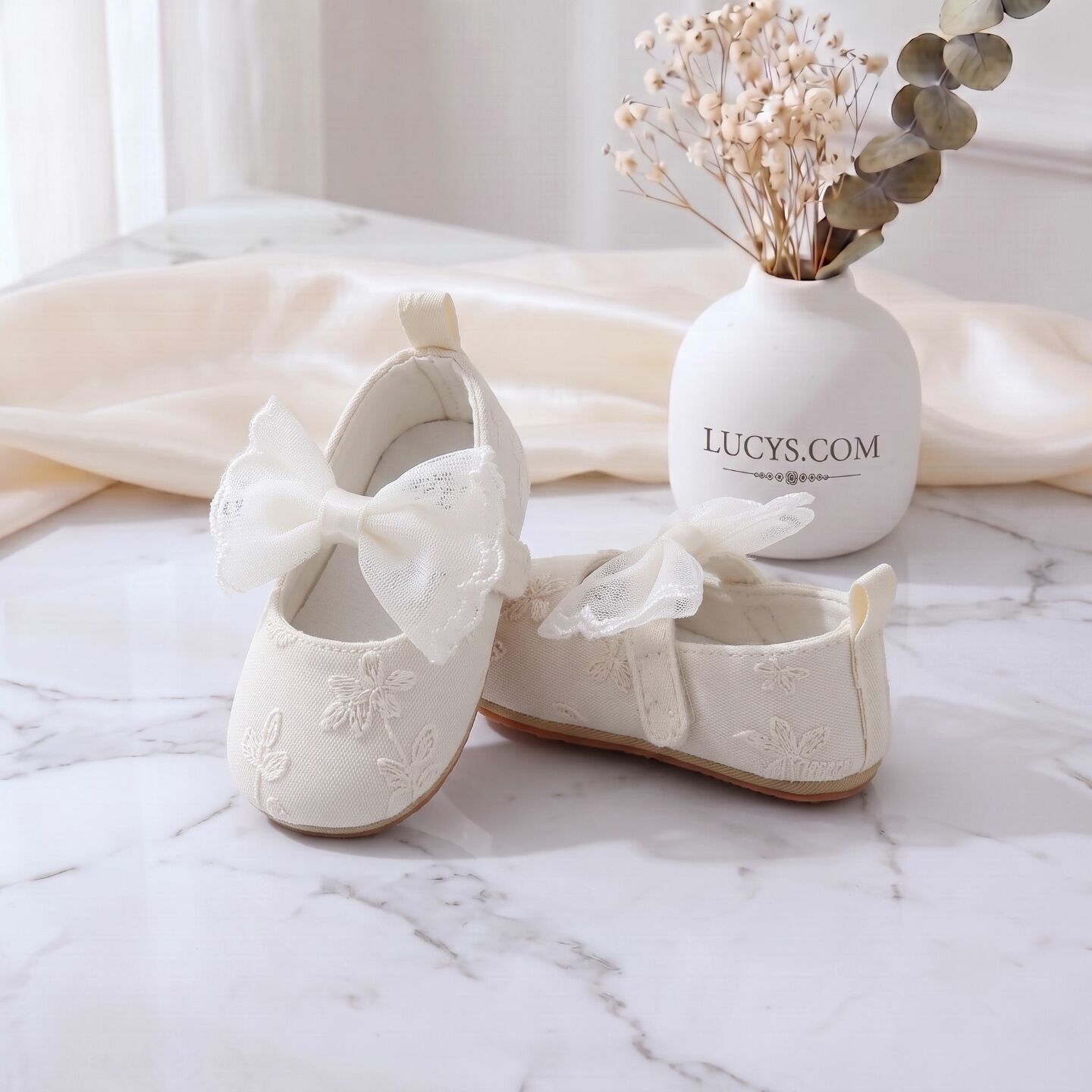Baby Girls Ivory Floral Embroidered Mary Jane Shoes with Mesh Bow | Lucys