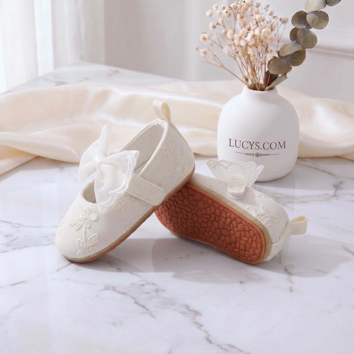 Baby Girls Ivory Floral Embroidered Mary Jane Shoes with Mesh Bow | Lucys