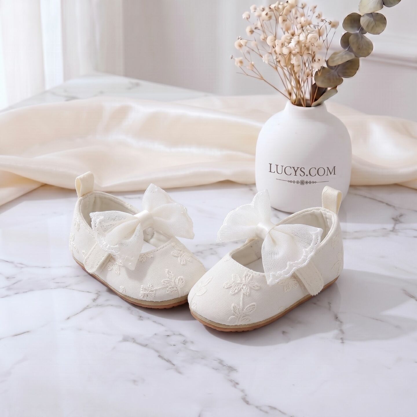 Baby Girls Ivory Floral Embroidered Mary Jane Shoes with Mesh Bow | Lucys