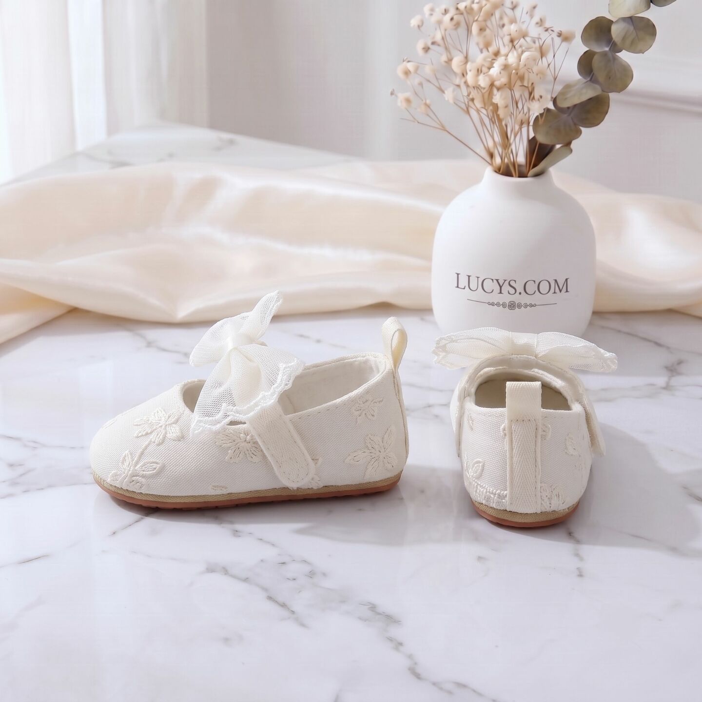 Baby Girls Ivory Floral Embroidered Mary Jane Shoes with Mesh Bow | Lucys