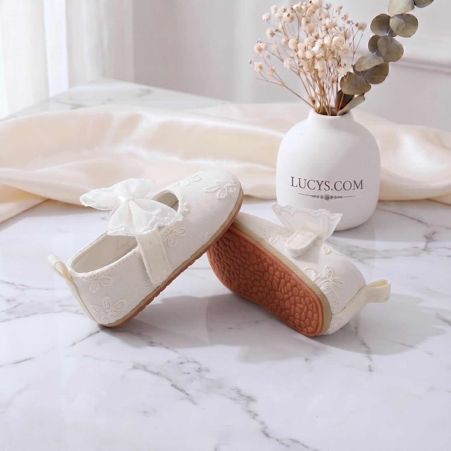 Baby Girls Ivory Floral Embroidered Mary Jane Shoes with Mesh Bow | Lucys