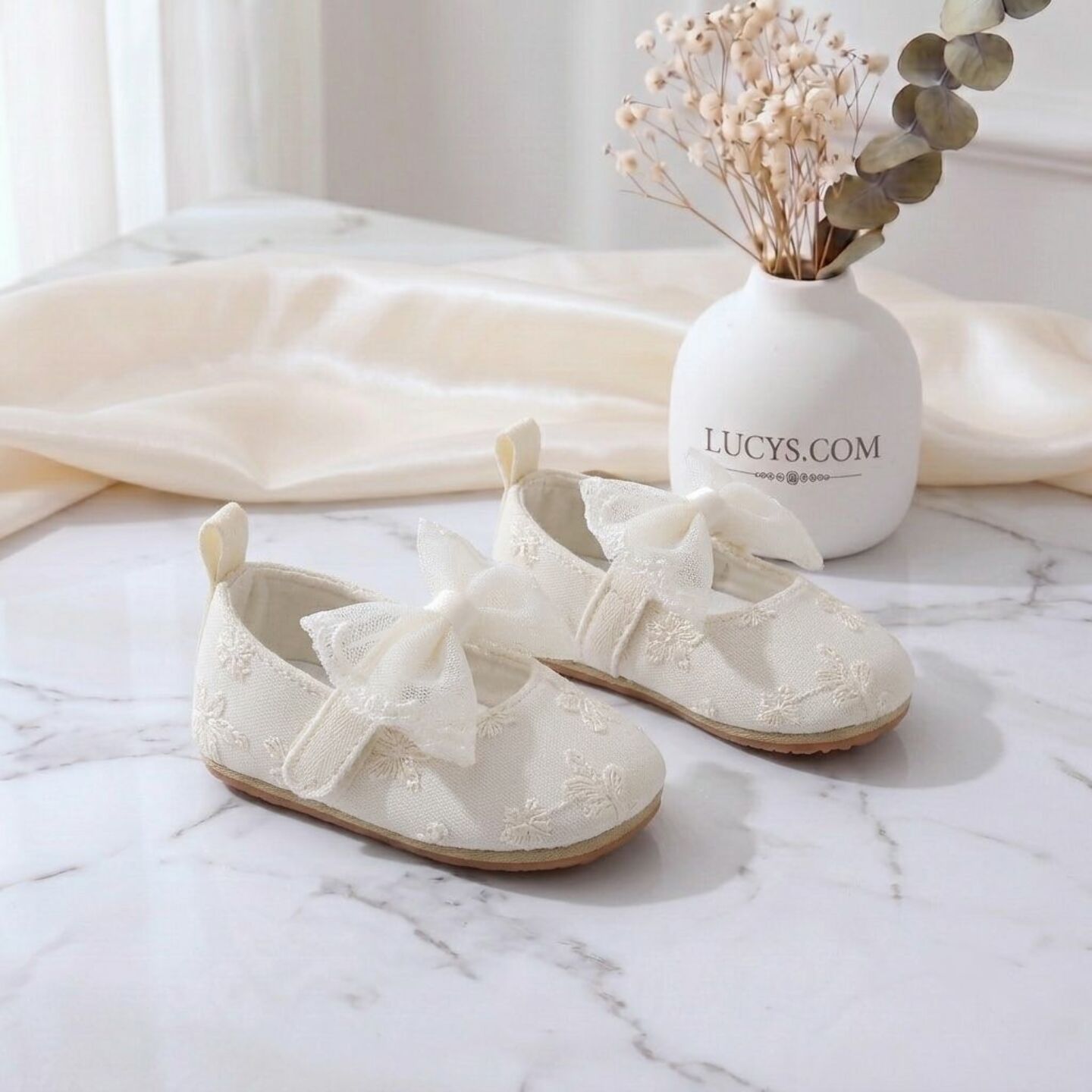 Baby Girls Ivory Floral Embroidered Mary Jane Shoes with Mesh Bow | Lucys