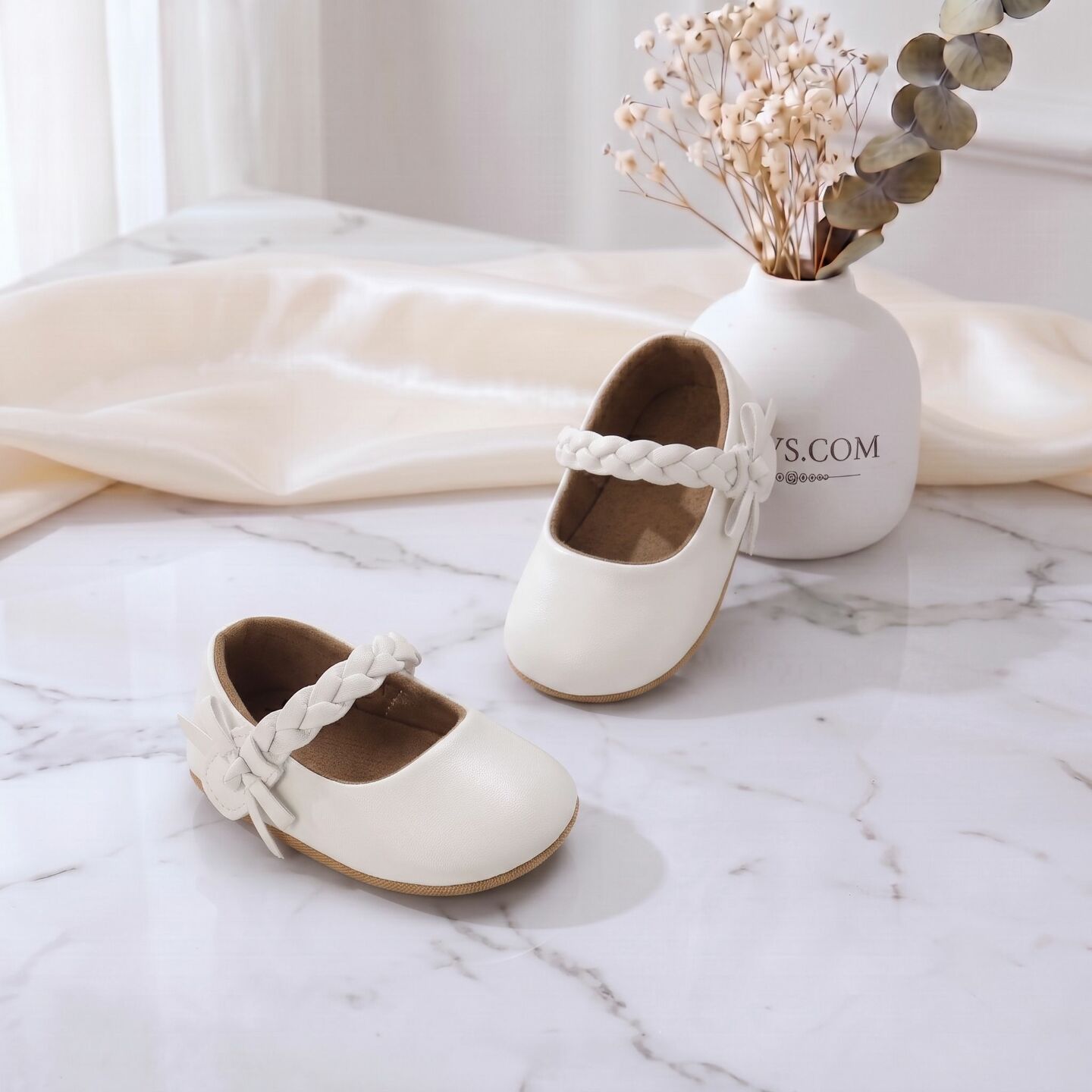 Baby Girls Ivory Braided Strap Soft Sole Mary Jane Shoes | Lucys