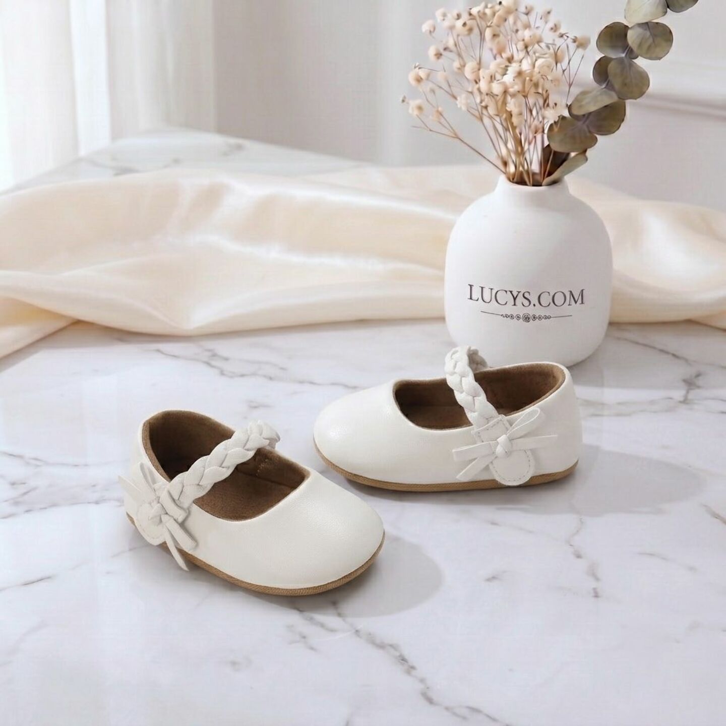 Baby Girls Ivory Braided Strap Soft Sole Mary Jane Shoes | Lucys