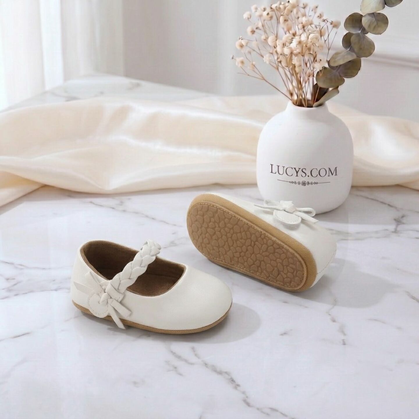 Baby Girls Ivory Braided Strap Soft Sole Mary Jane Shoes | Lucys