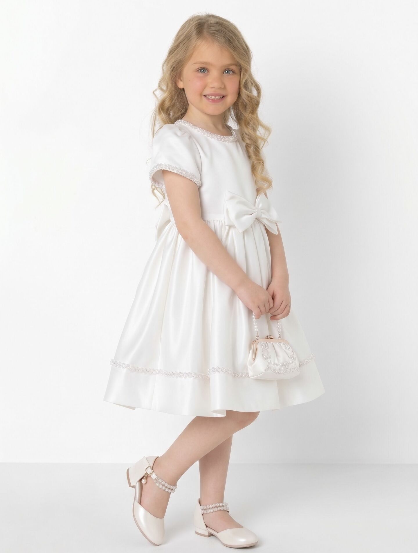 Agnes White Pearl Trim Satin Bow Girls Bridesmaid Dress | Lucys