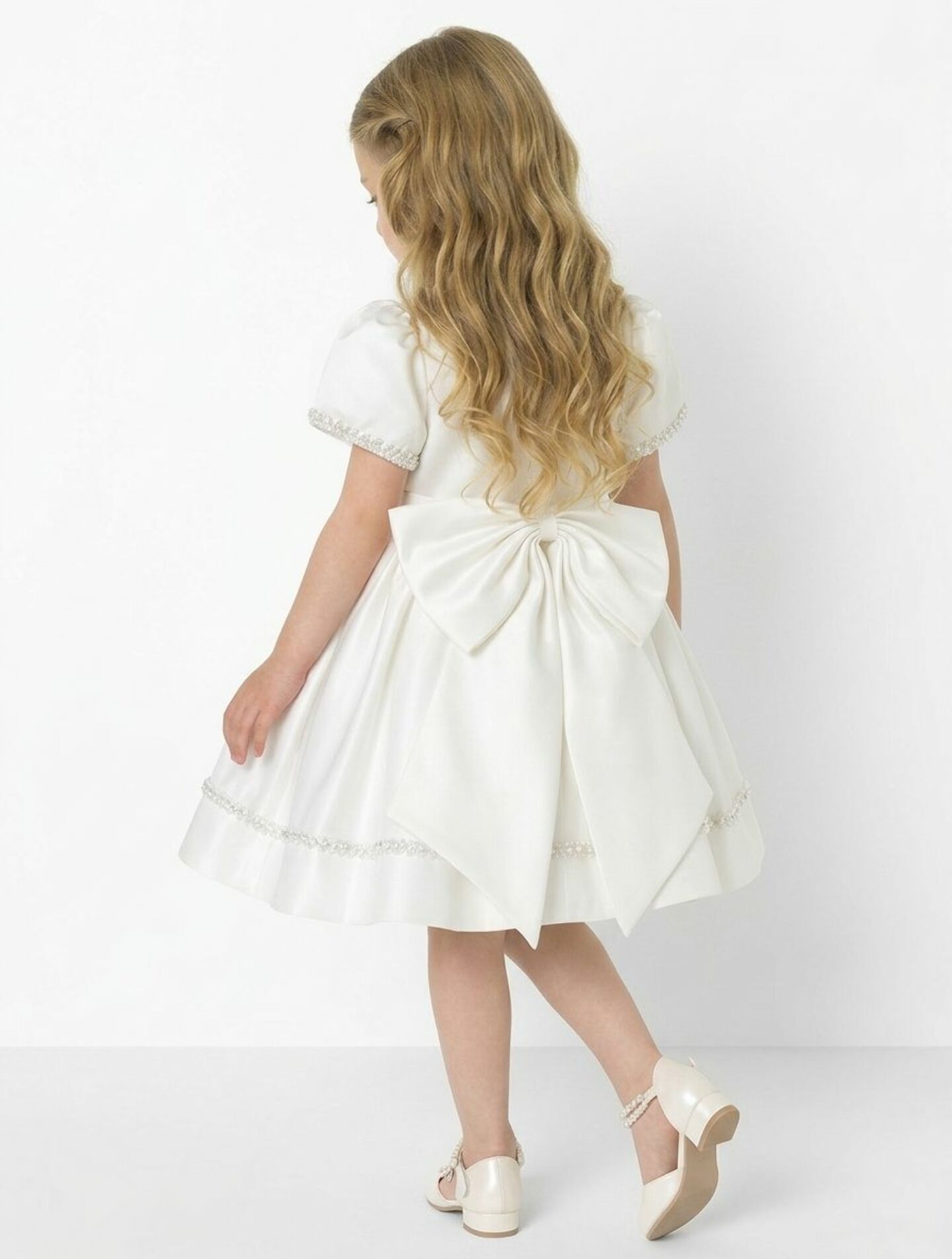 Agnes White Pearl Trim Satin Bow Girls Bridesmaid Dress | Lucys