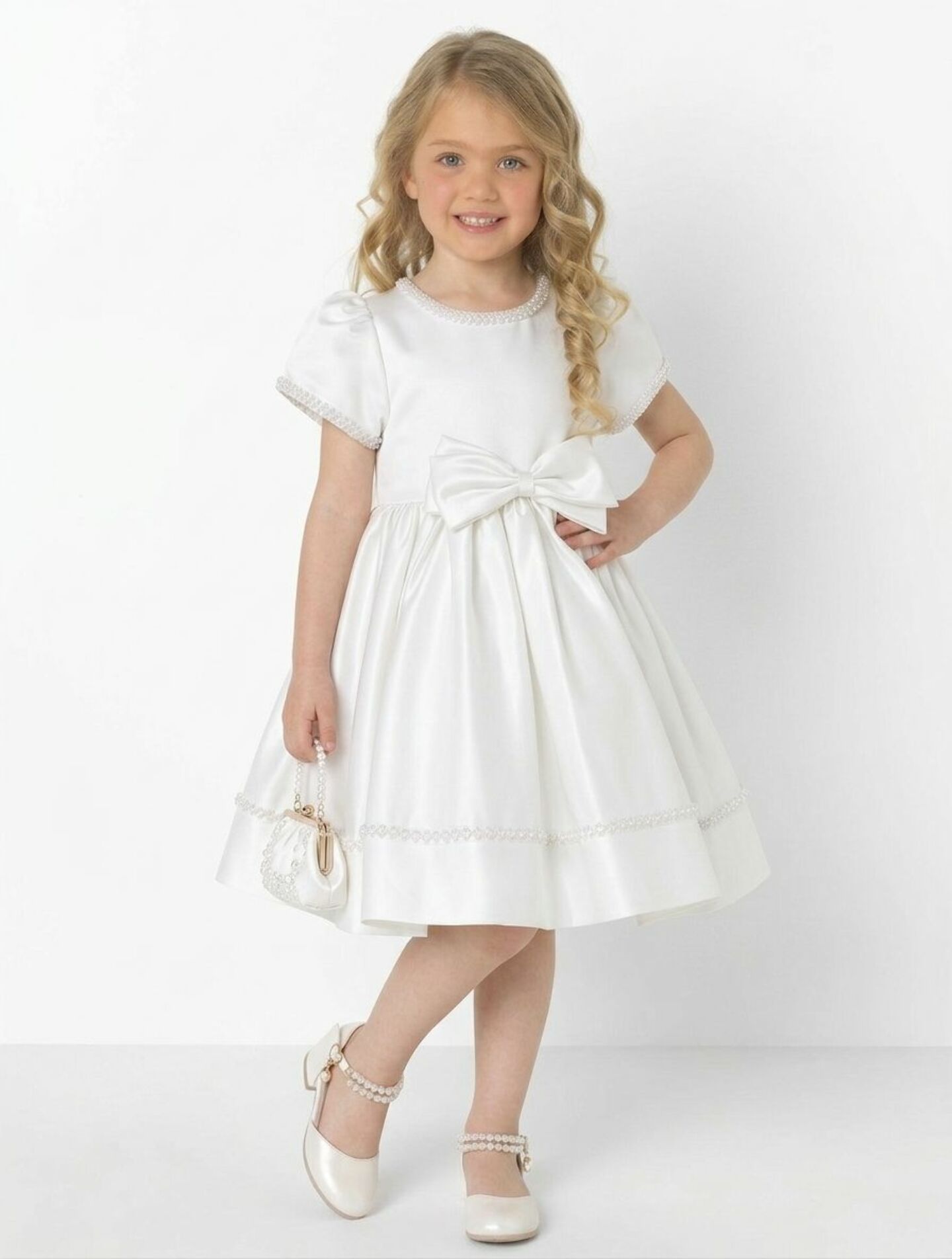 Agnes White Pearl Trim Satin Bow Girls Bridesmaid Dress | Lucys