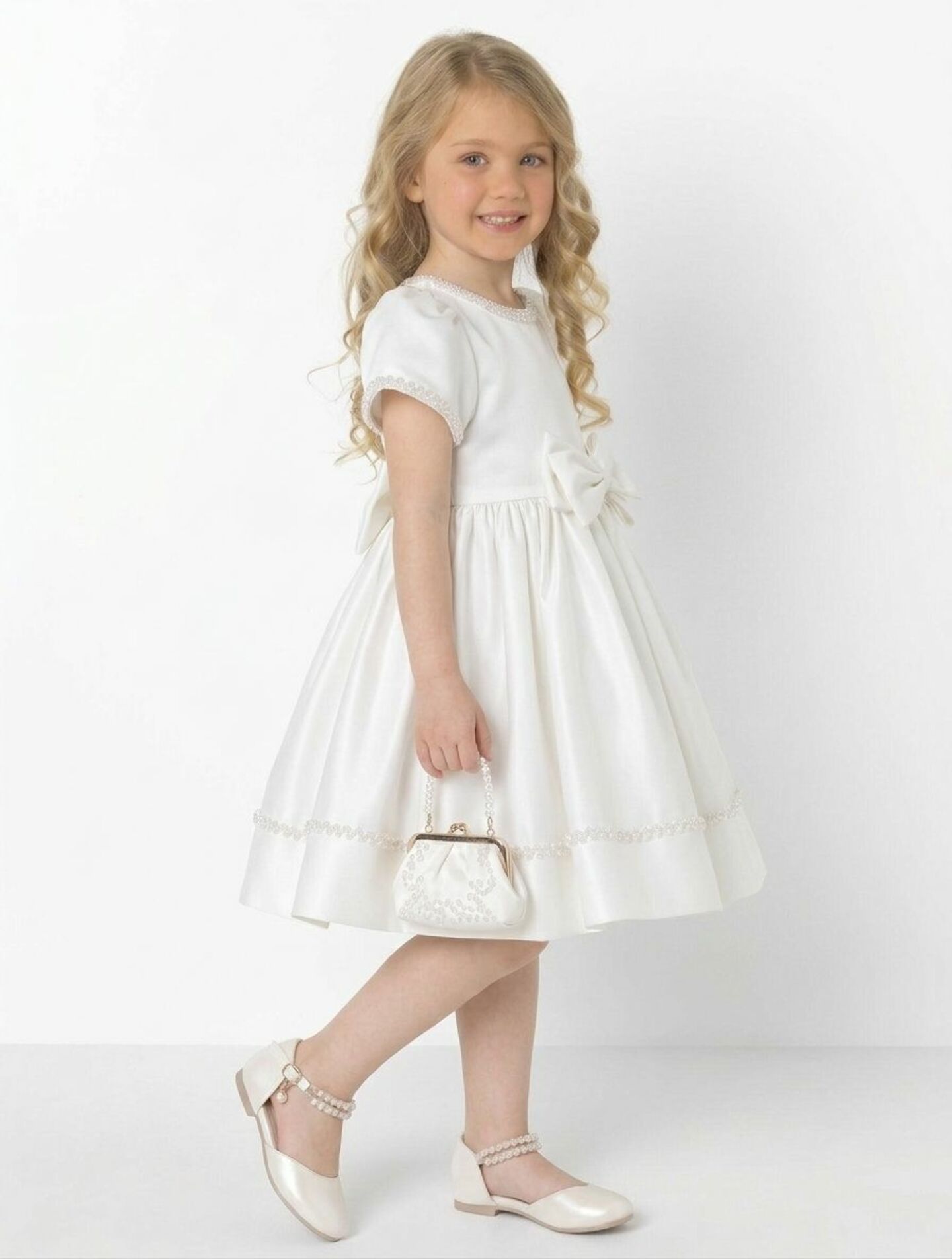 Agnes White Pearl Trim Satin Bow Girls Bridesmaid Dress | Lucys