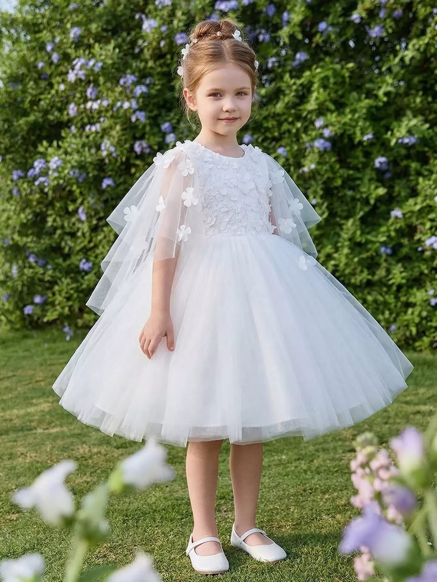 Lis White Floral-Appliqué Tulle Flower Girl Dress with Cape Sleeves