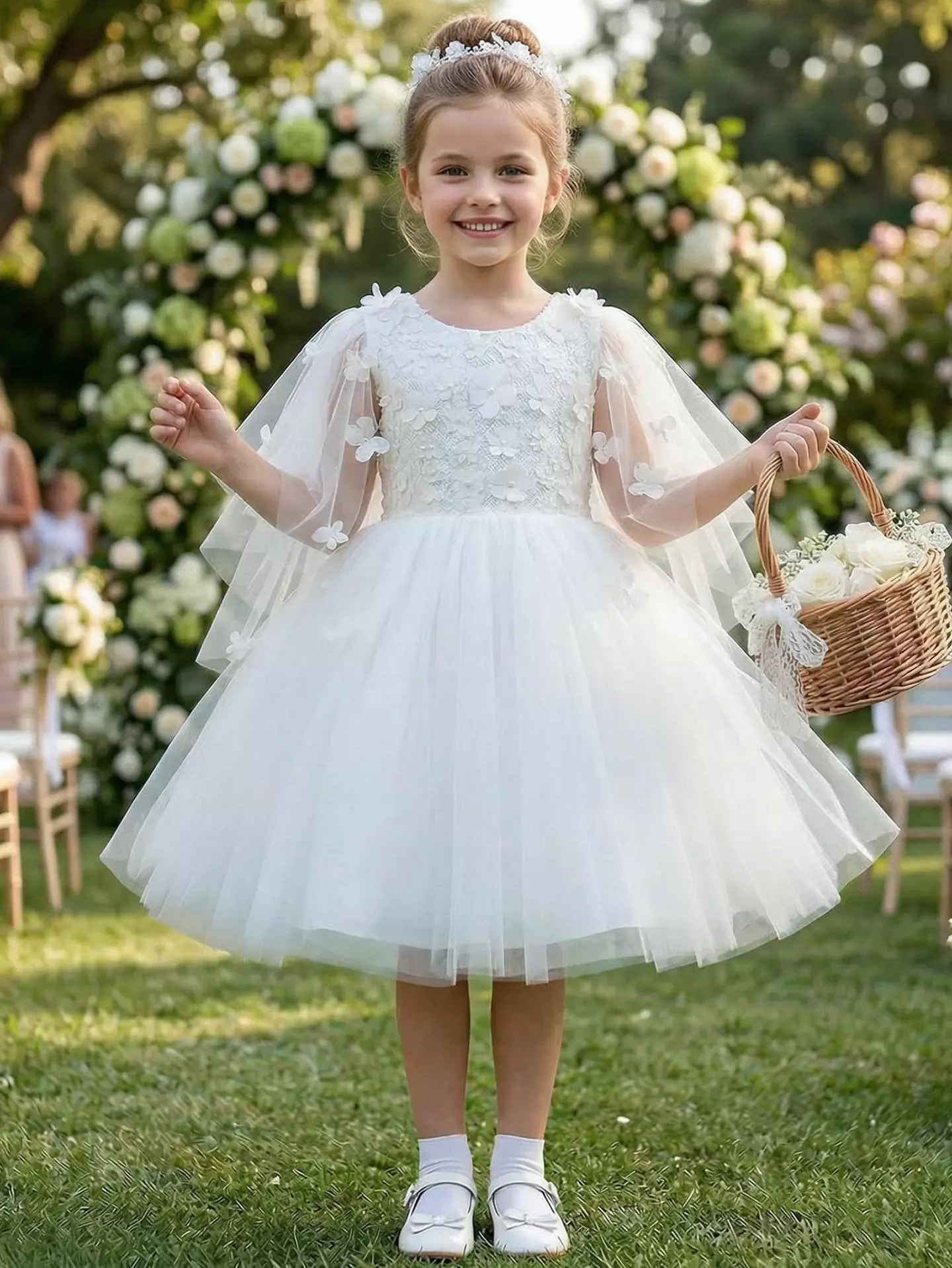 Lis White Floral-Appliqué Tulle Flower Girl Dress with Cape Sleeves