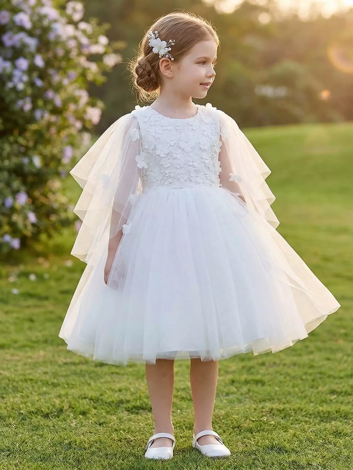 Lis White Floral-Appliqué Tulle Flower Girl Dress with Cape Sleeves