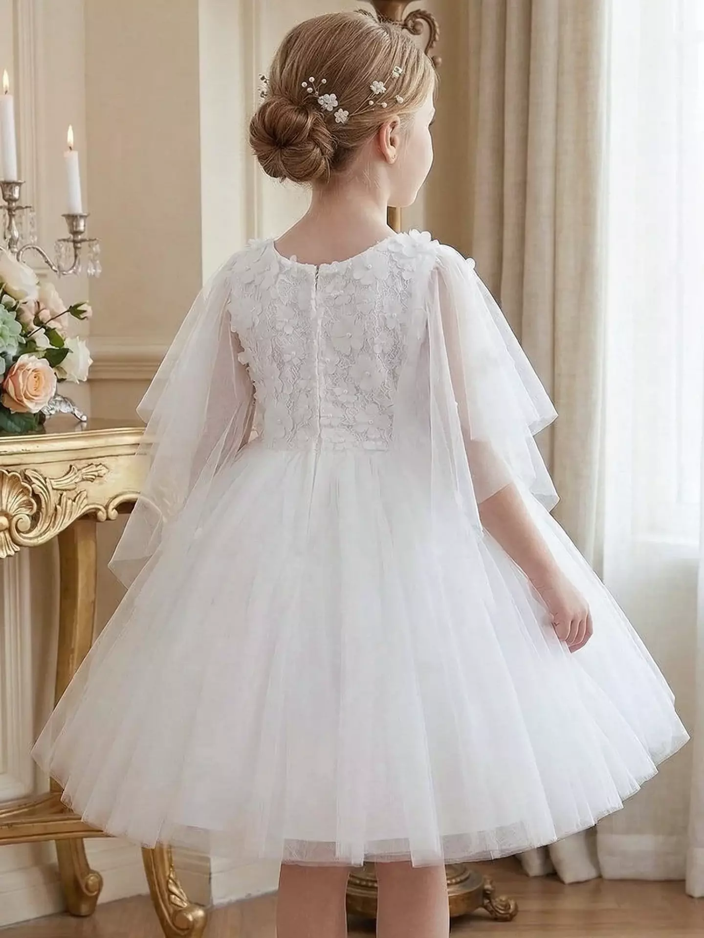 Lis White Floral-Appliqué Tulle Flower Girl Dress with Cape Sleeves