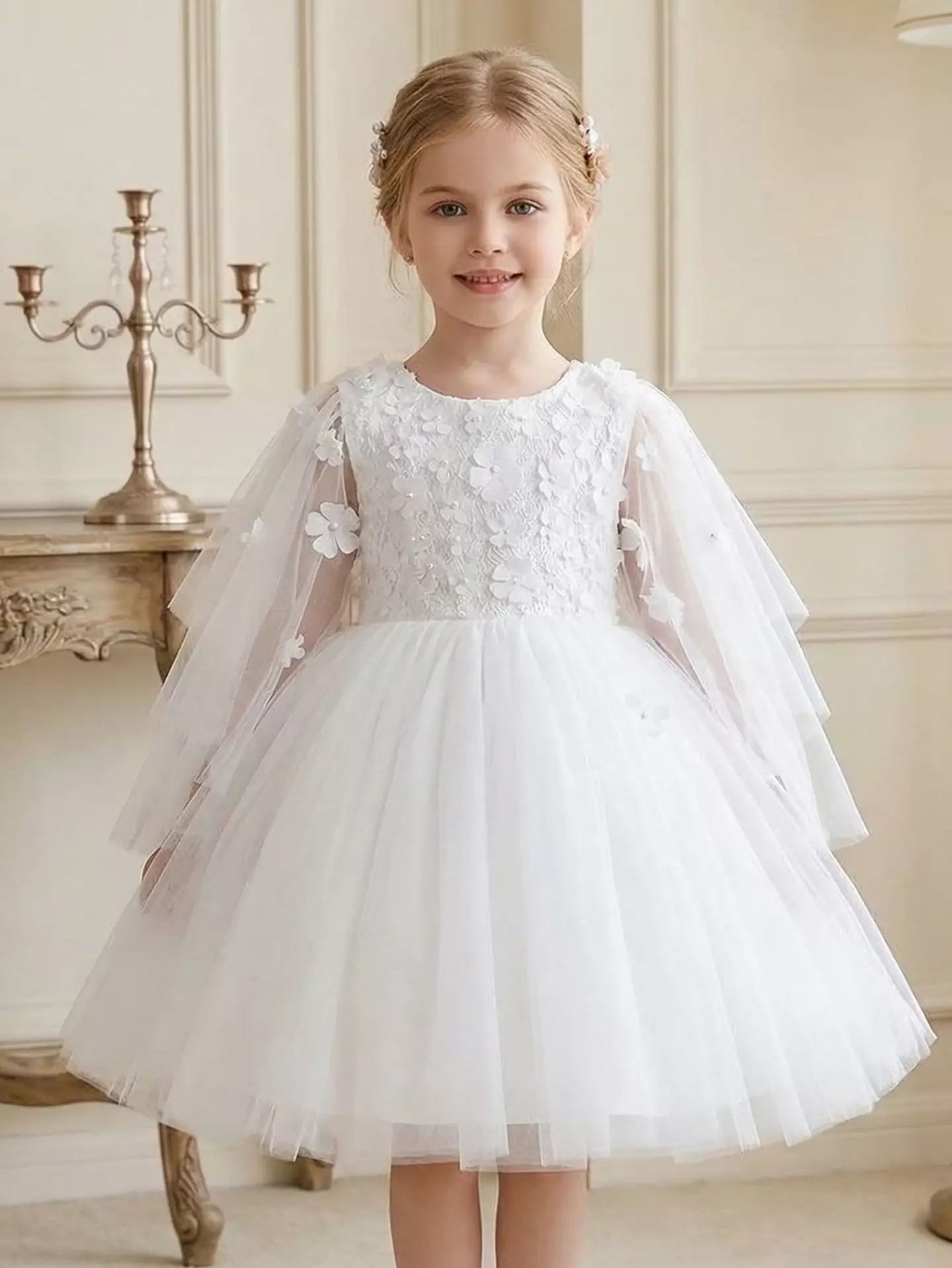 Lis White Floral-Appliqué Tulle Flower Girl Dress with Cape Sleeves