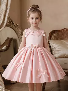 Bondi Peach Pink Satin Bow Flower Girl Dress - Sleeveless Party Dress for Girls