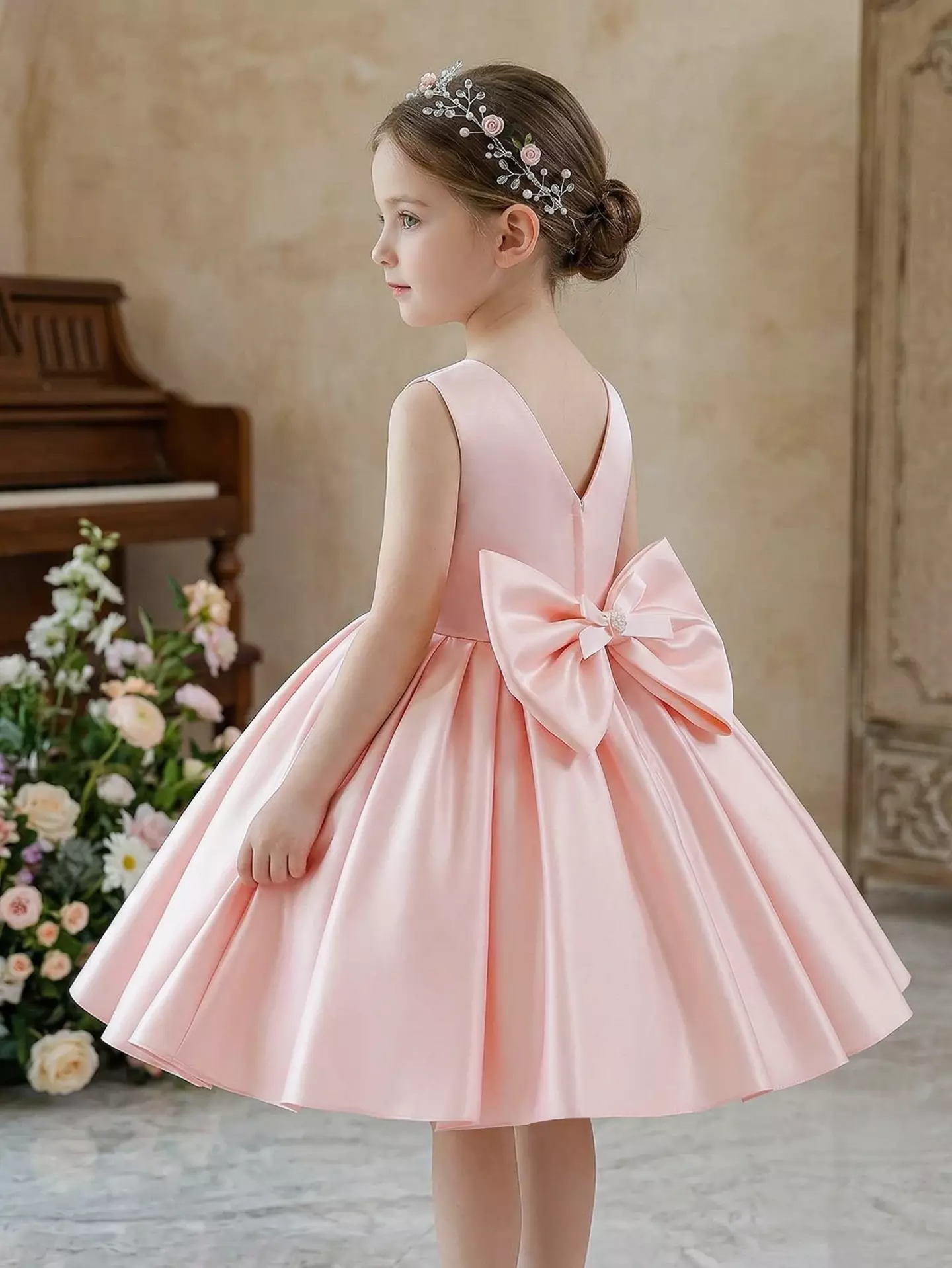 Bondi Pink Satin Bow Flower Girl Dress - Sleeveless Party Dress for Girls
