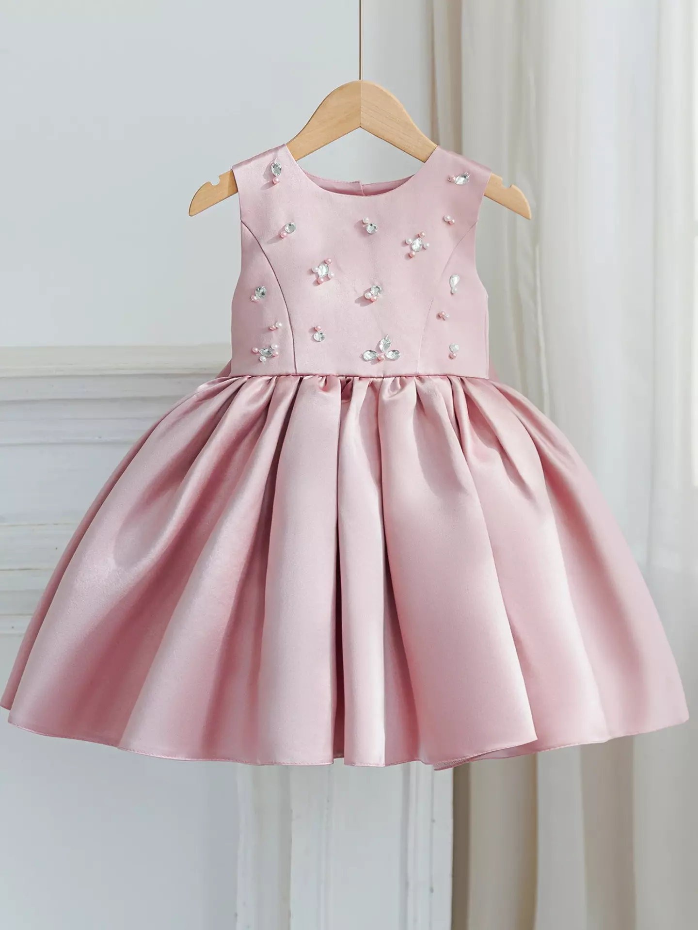 Bianca Dusty Pink Flower Girl Dress - Pearl Embellished Open-Back Party Dress for Girls