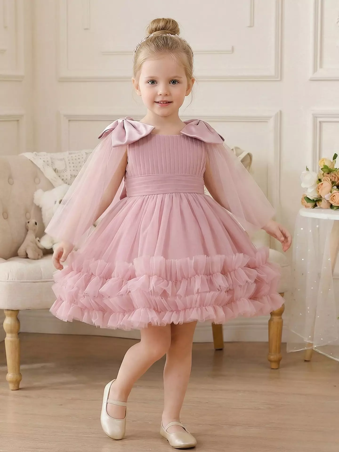 Avery Dusty Pink Bow Shoulder Tulle Dress - Ruffled Cape Sleeve Party Dress for Girls