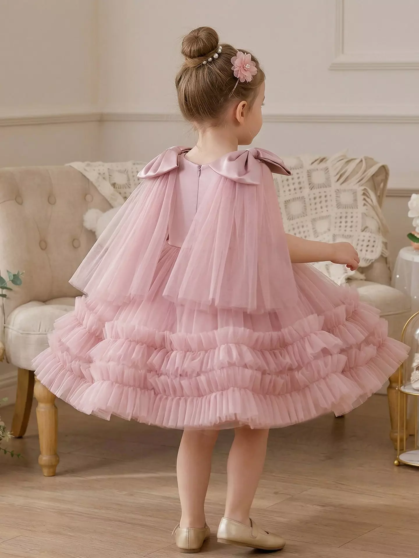 Avery Dusty Pink Bow Shoulder Tulle Dress - Ruffled Cape Sleeve Party Dress for Girls