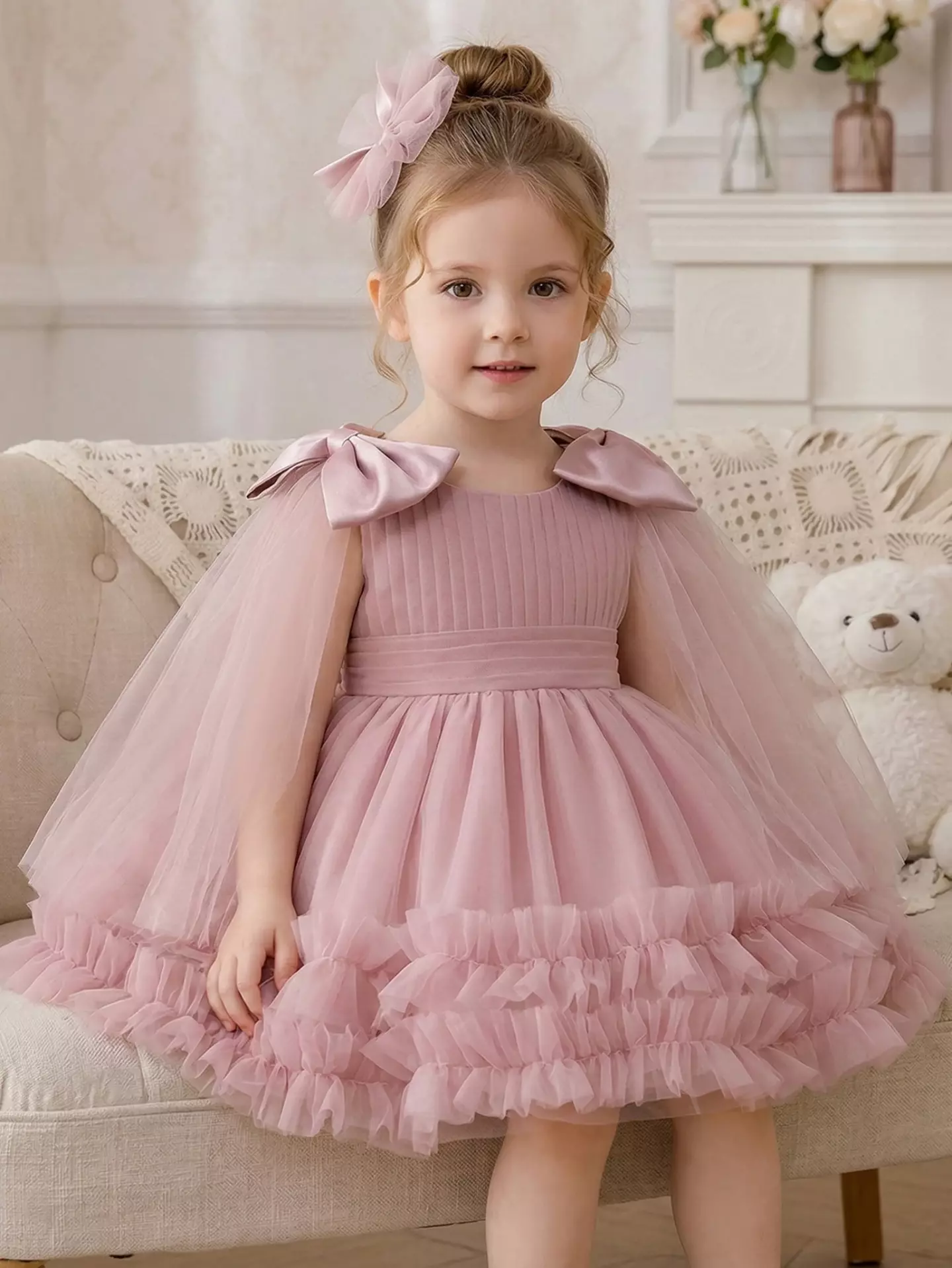 Avery Dusty Pink Bow Shoulder Tulle Dress - Ruffled Cape Sleeve Party Dress for Girls