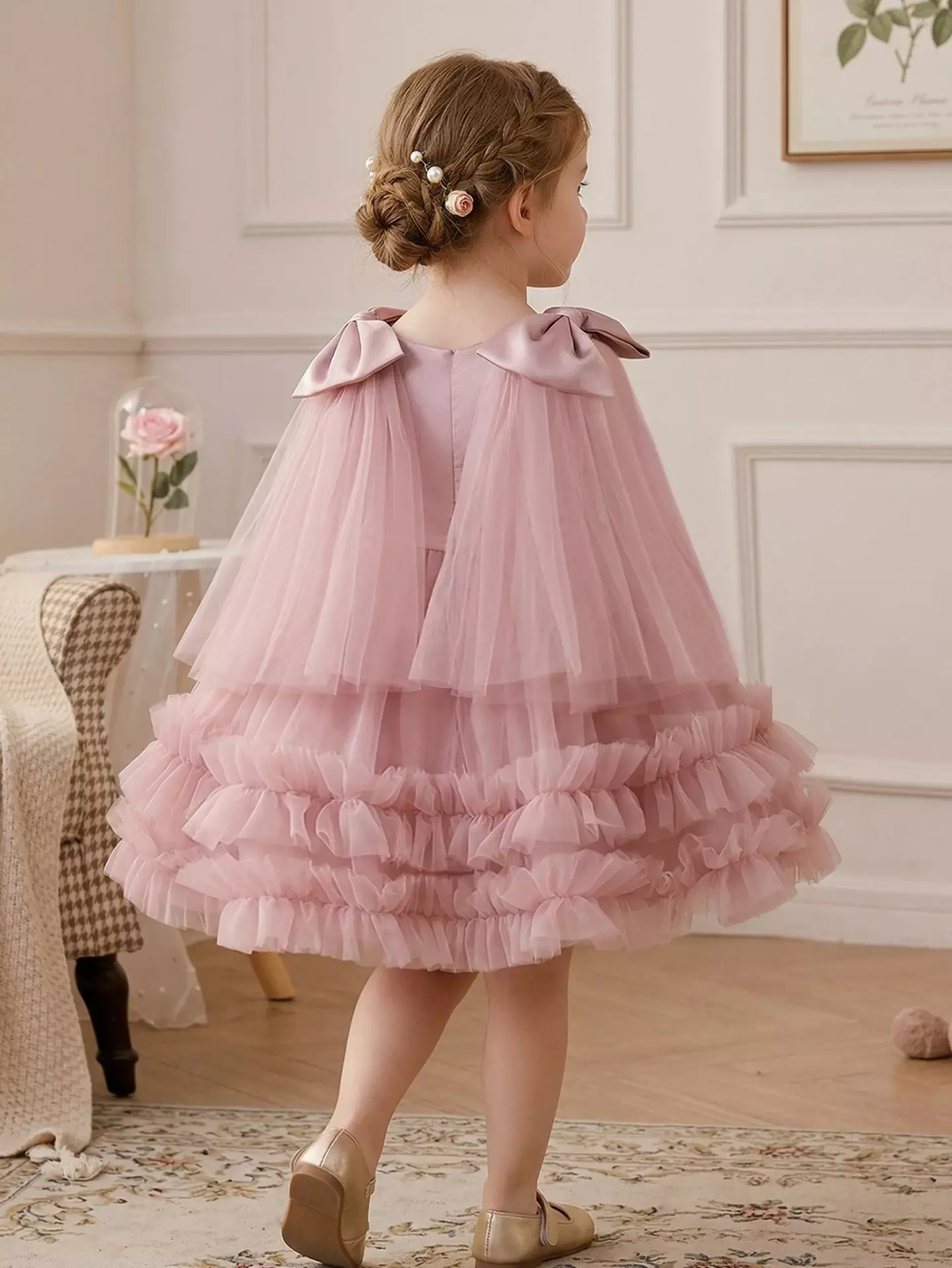 Avery Dusty Pink Bow Shoulder Tulle Dress - Ruffled Cape Sleeve Party Dress for Girls
