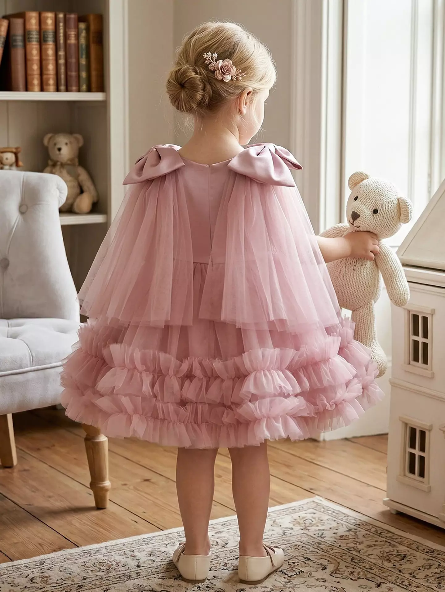 Avery Dusty Pink Bow Shoulder Tulle Dress - Ruffled Cape Sleeve Party Dress for Girls
