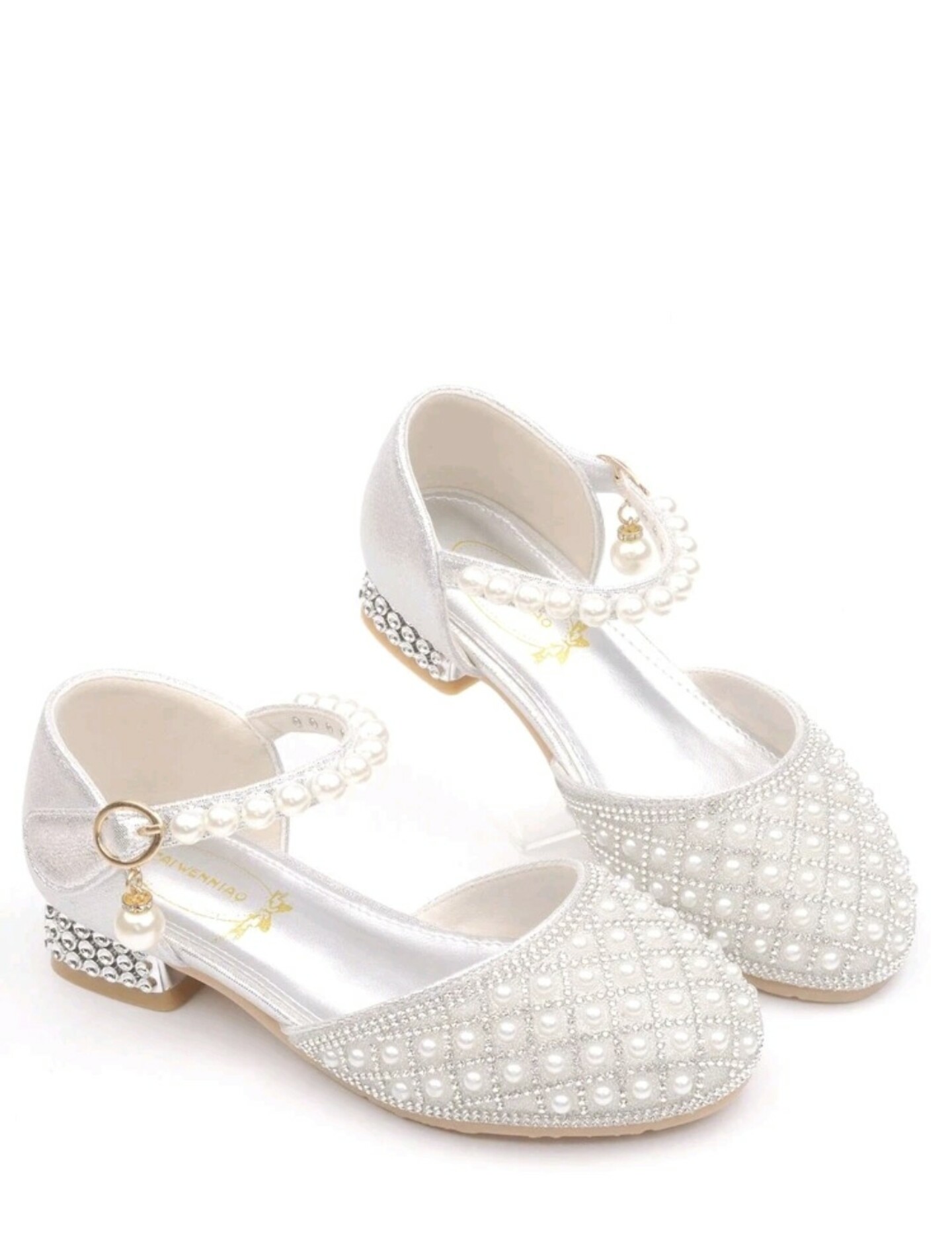 Children Girls Princess High Heel Shoes Diamond Decorated (Silver)