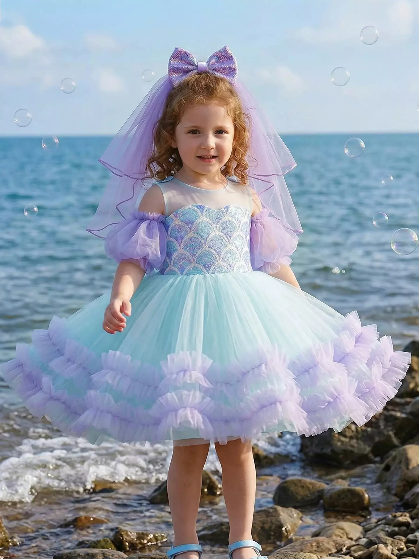 Camille Blue & Purple Sequin Tulle Party Dress with Bow Veil - Knee Length Special Occasion Dress for Girls