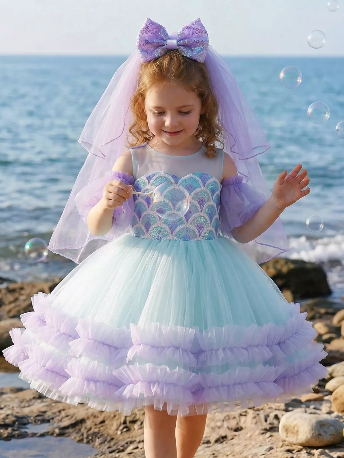 Camille Blue & Purple Sequin Tulle Party Dress with Bow Veil - Knee Length Special Occasion Dress for Girls