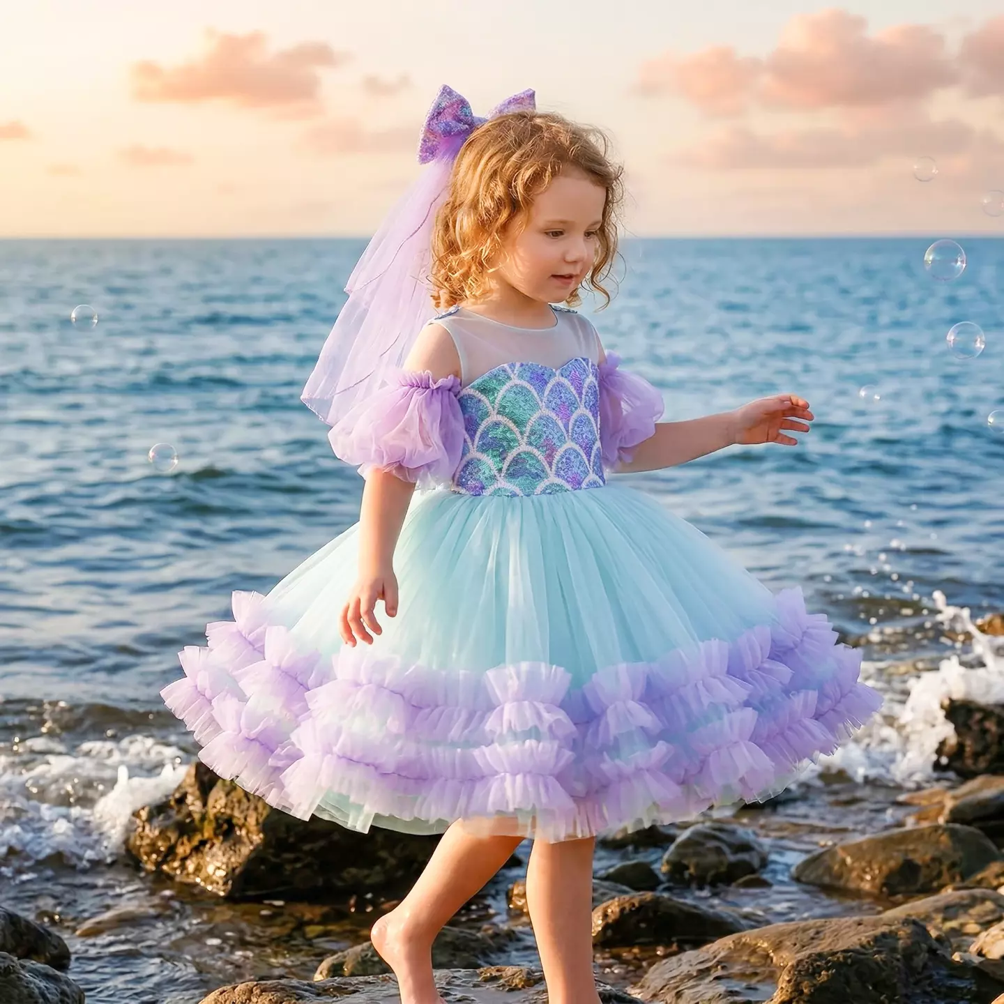 Camille Blue & Purple Sequin Tulle Party Dress with Bow Veil - Knee Length Special Occasion Dress for Girls