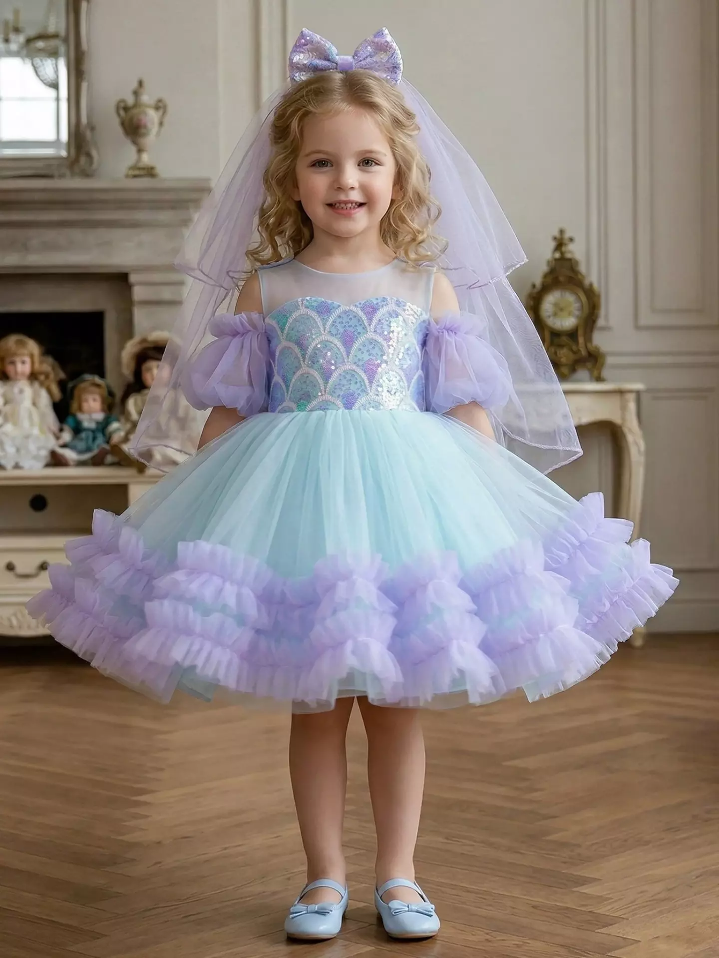 Camille Blue & Purple Sequin Tulle Party Dress with Bow Veil - Knee Length Special Occasion Dress for Girls