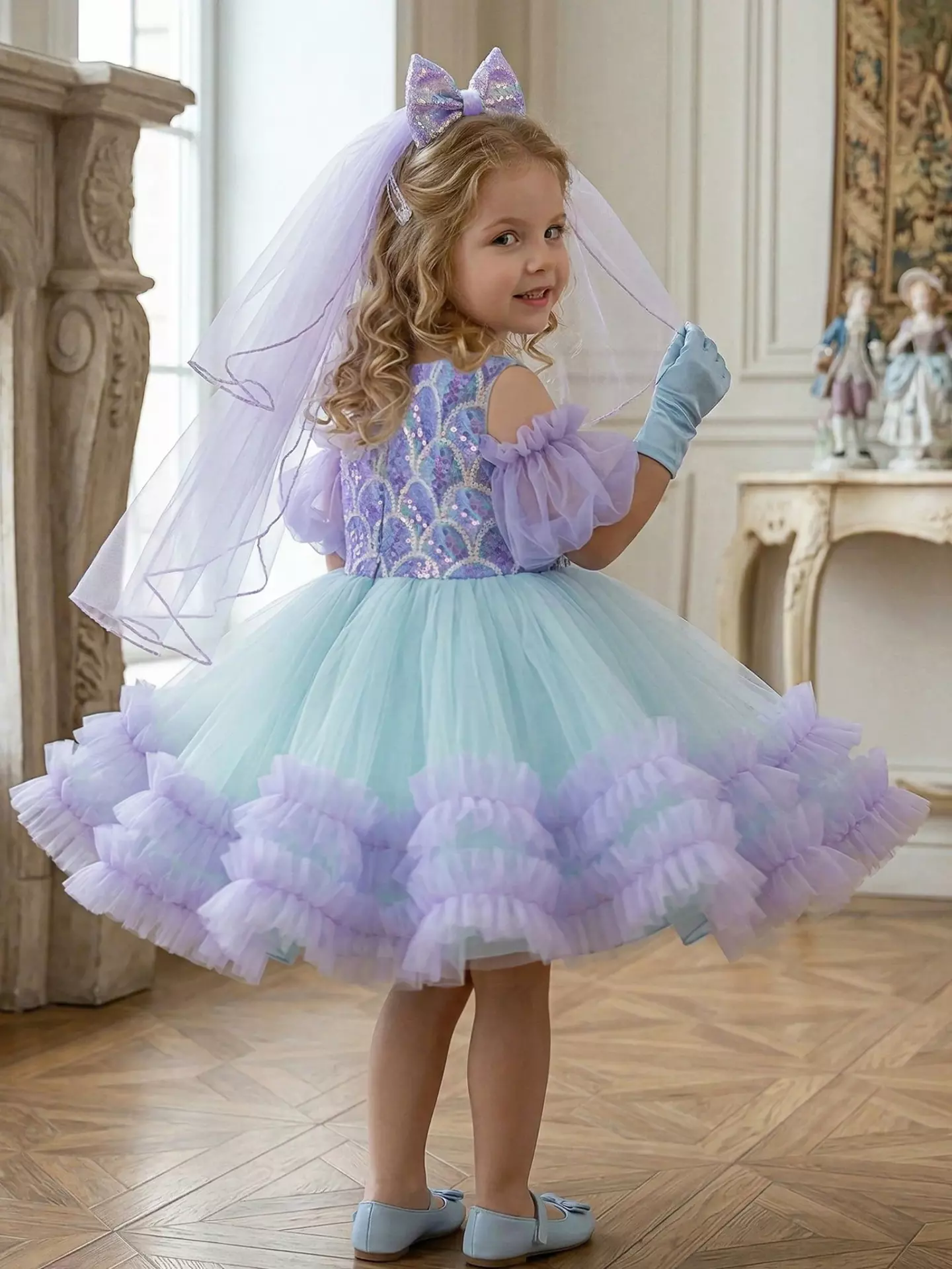 Camille Blue & Purple Sequin Tulle Party Dress with Bow Veil - Knee Length Special Occasion Dress for Girls