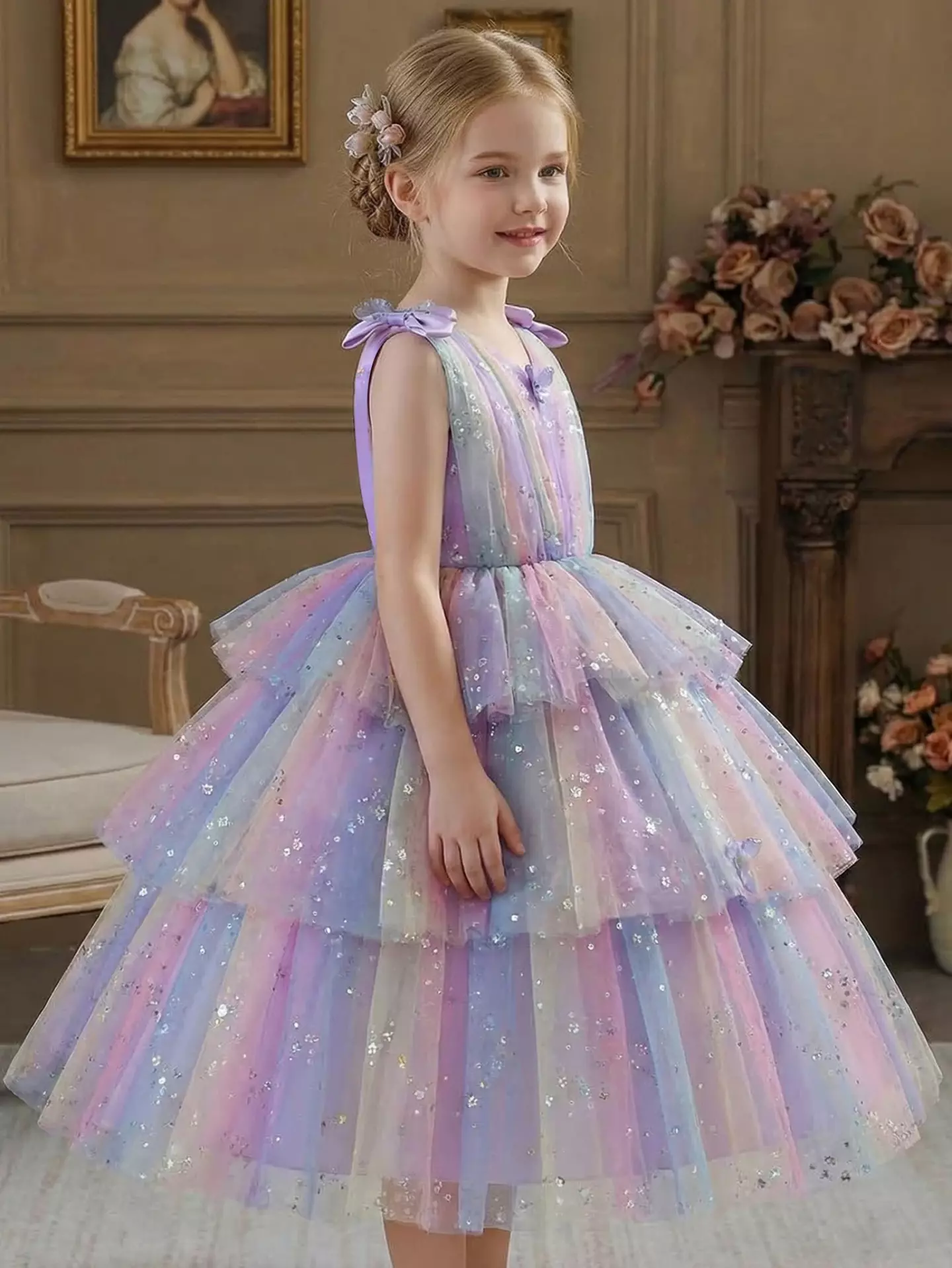 Kiki Purple Sequin Ruffle Tiered Party Dress - Knee Length Special Occasion Dress for Girls