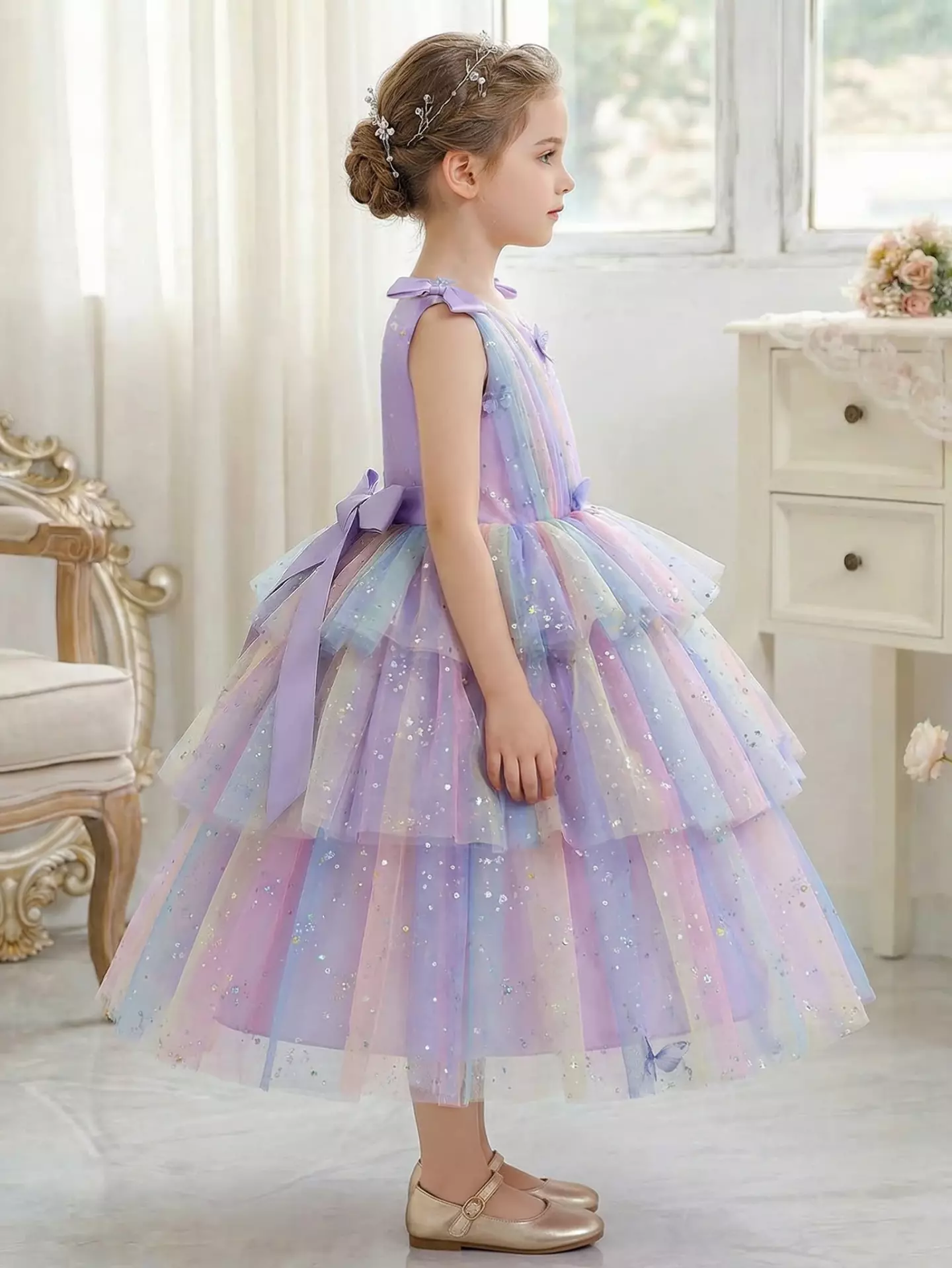 Kiki Purple Sequin Ruffle Tiered Party Dress - Knee Length Special Occasion Dress for Girls