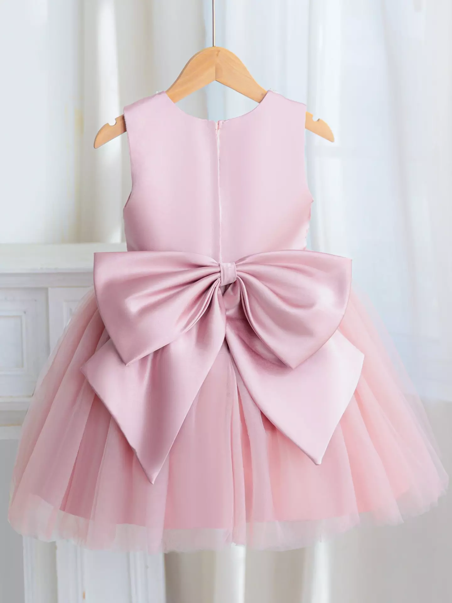 Nina Dusty Pink Pearl Bow Party Dress - Elegant Knee Length Special Occasion Dress for Girls