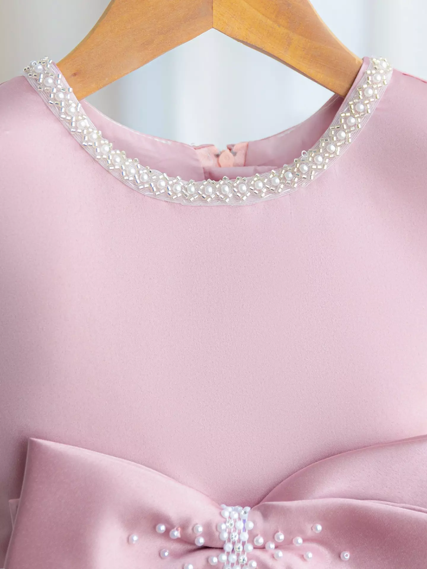 Nina Dusty Pink Pearl Bow Party Dress - Elegant Knee Length Special Occasion Dress for Girls