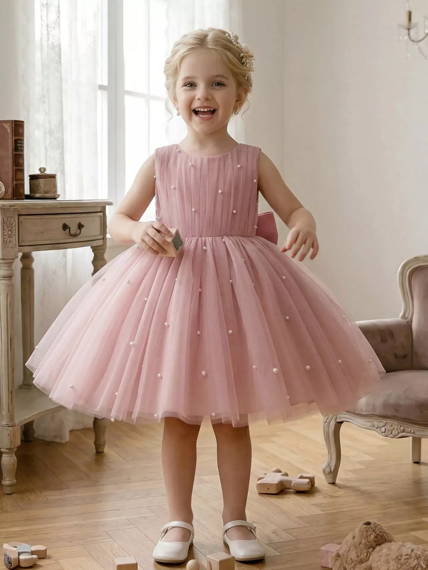 Miley Dusty Pink Pearl Tulle Party Dress - Girls Special Occasion Dress