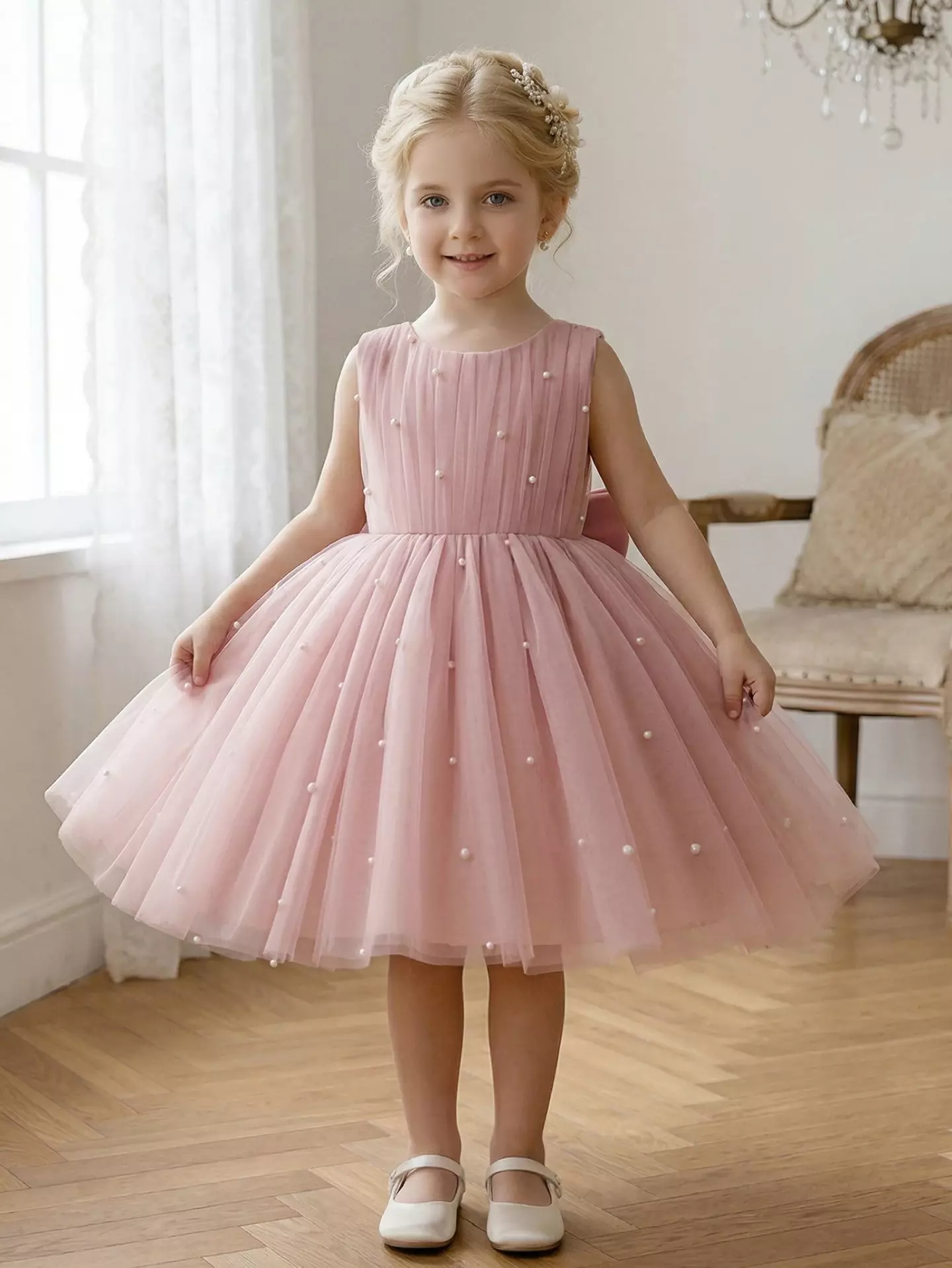 Miley Dusty Pink Pearl Tulle Party Dress - Girls Special Occasion Dress