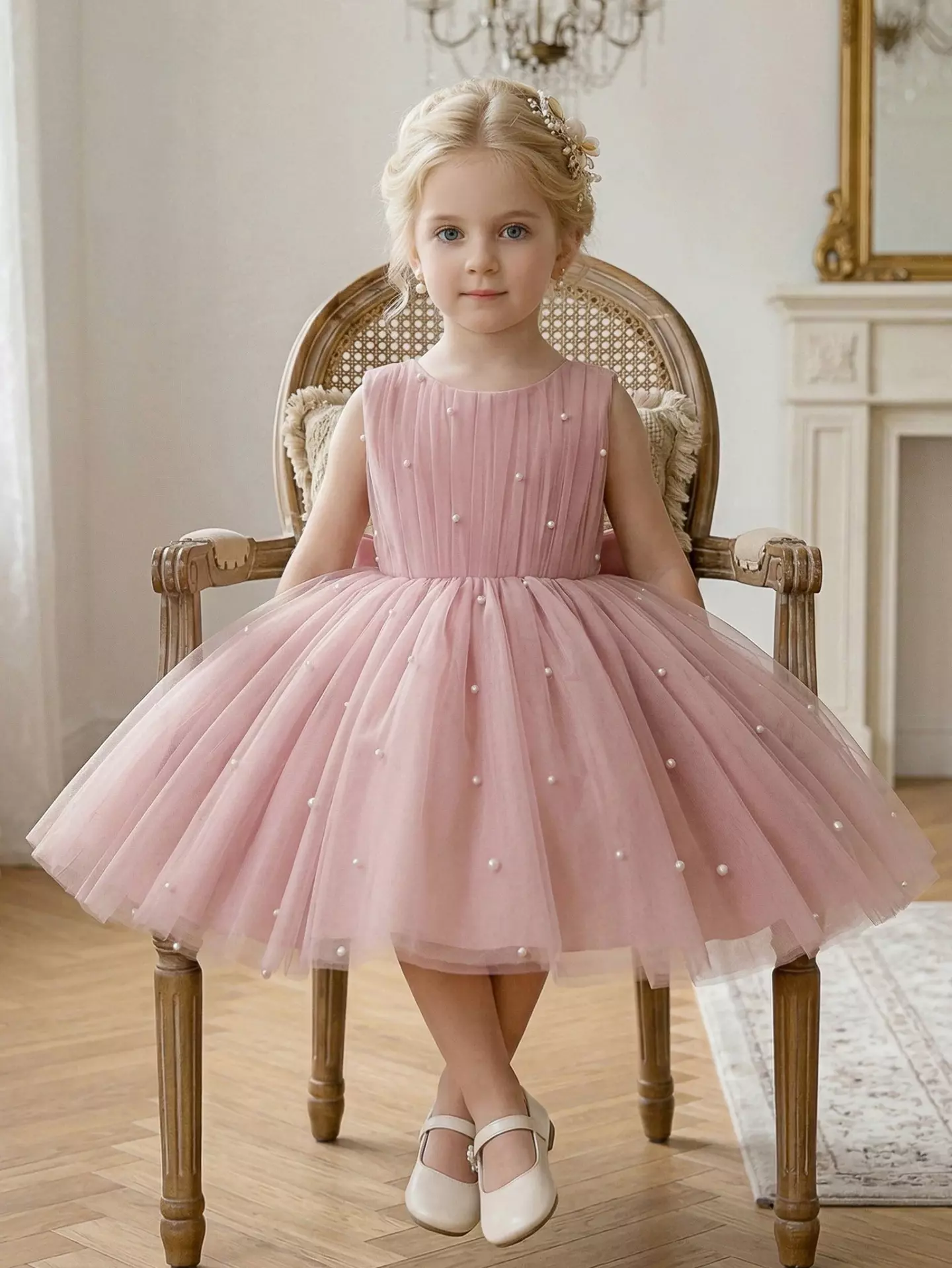 Miley Dusty Pink Pearl Tulle Party Dress - Girls Special Occasion Dress