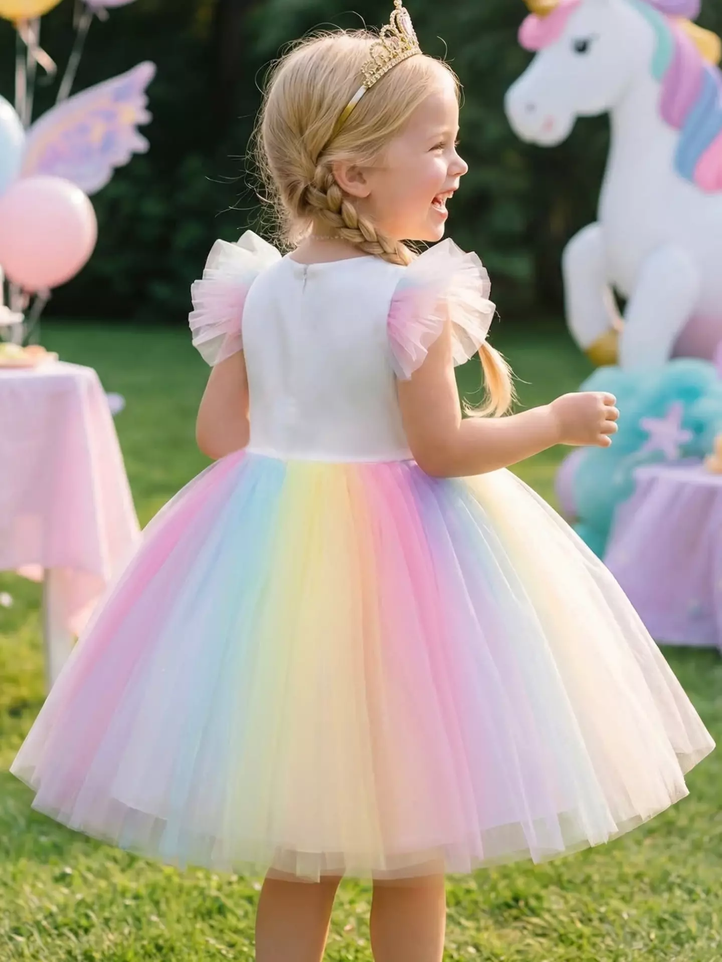 Girls Rainbow Tulle Party Dress - Odeya, Knee Length